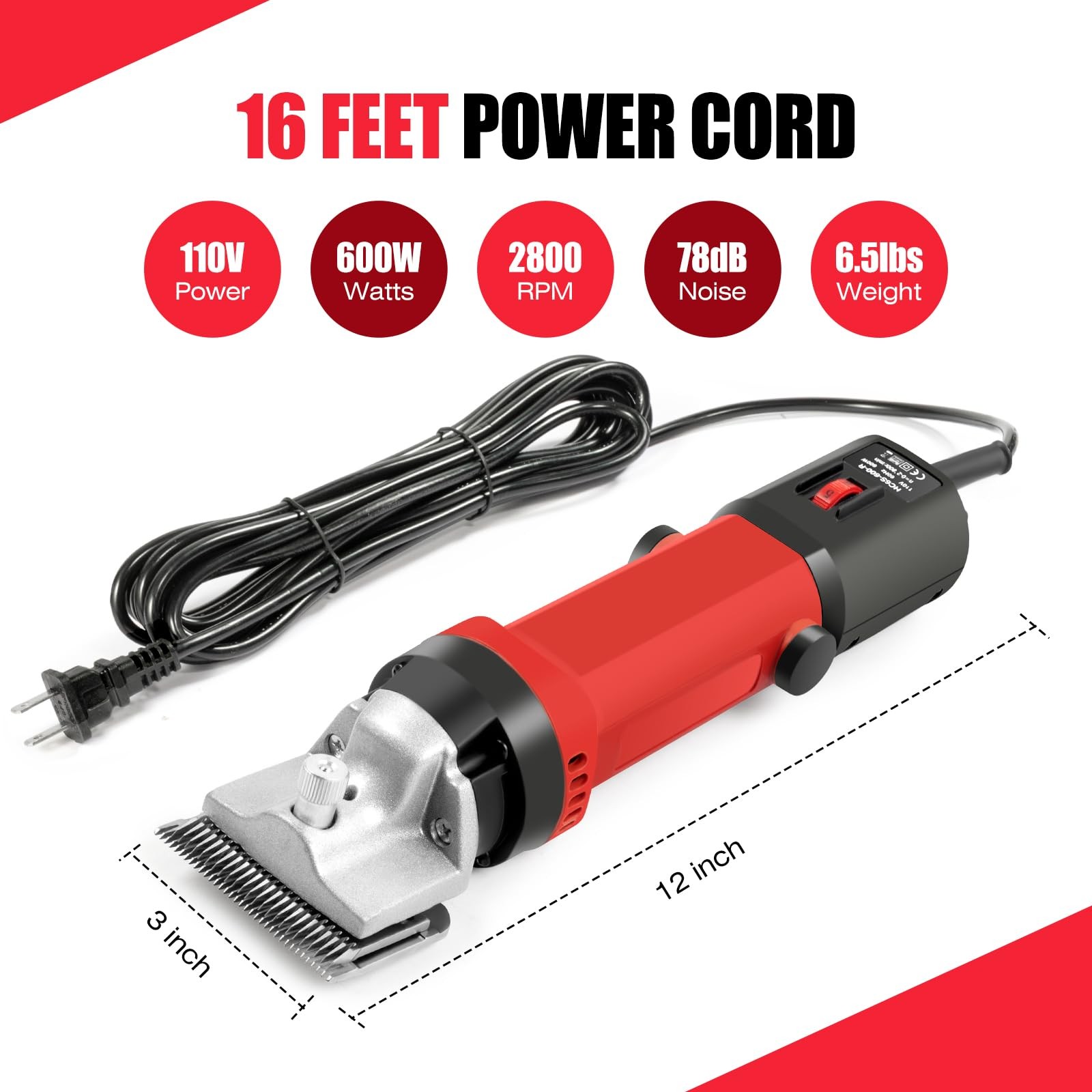 Horse Clippers, 600W Professional Heavy Duty Horse Body Clippers, 6-Speeds L