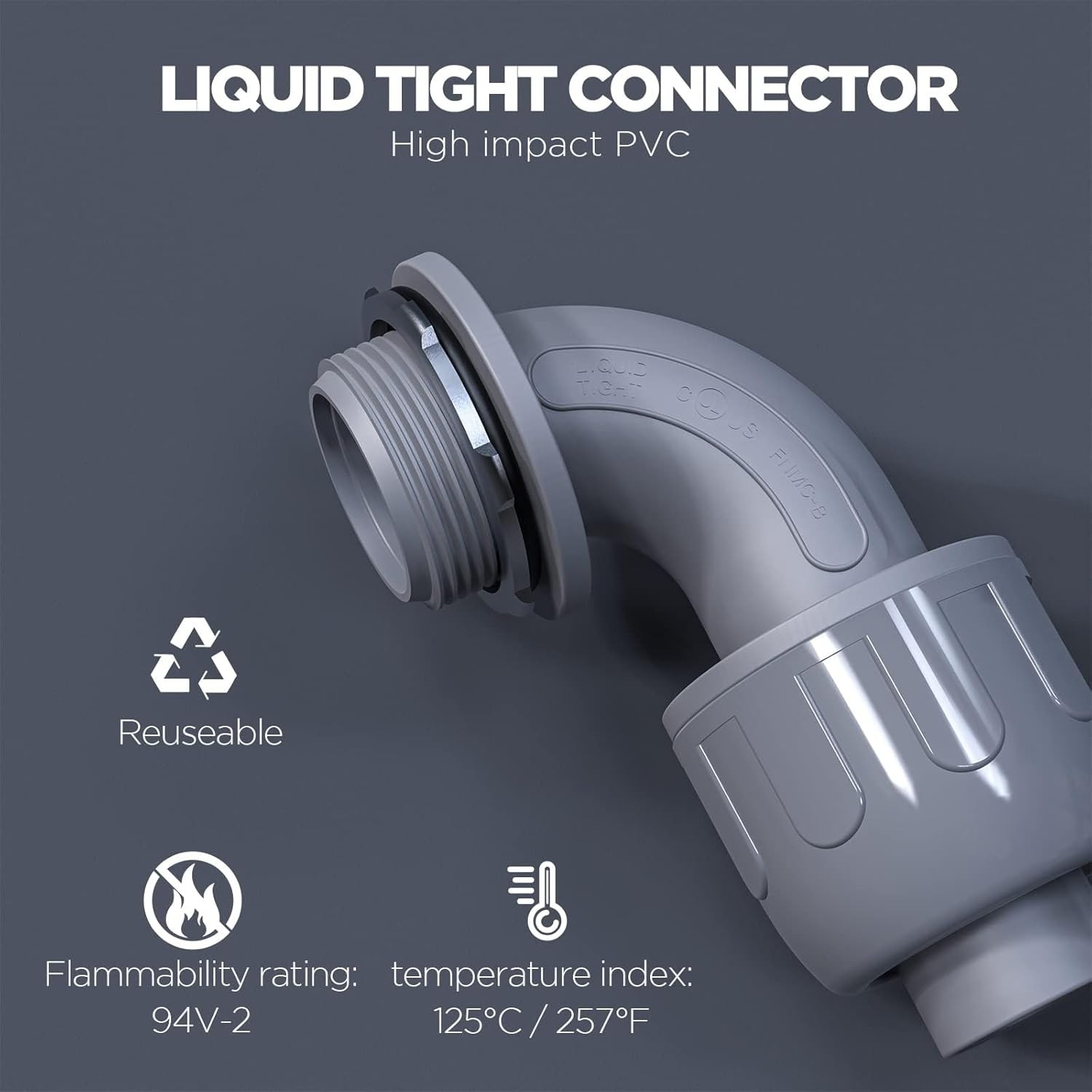 60 Pack 1/2″ Liquid Tight Connector 90 Degree PVC Flexible Conduit Fittings UL