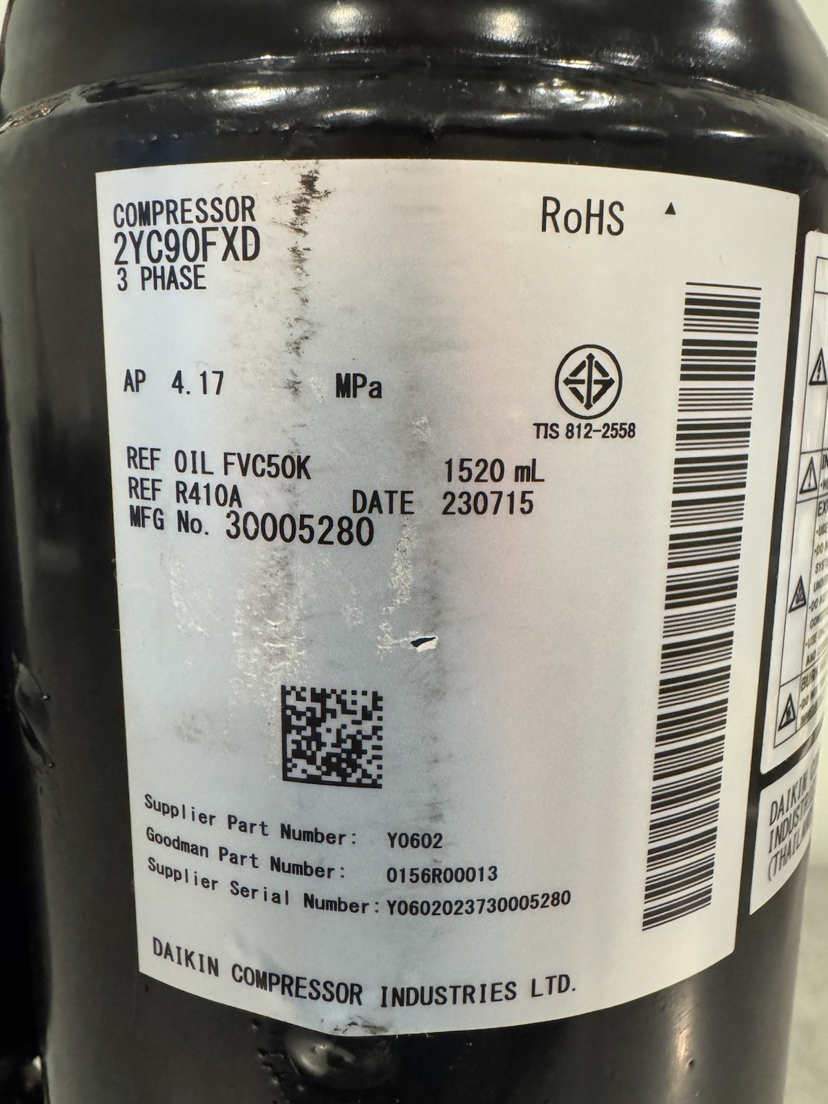 Daikin 2YC90FXD Compressor Goodman 0156R00013 NEW! FREE SHIPPING!