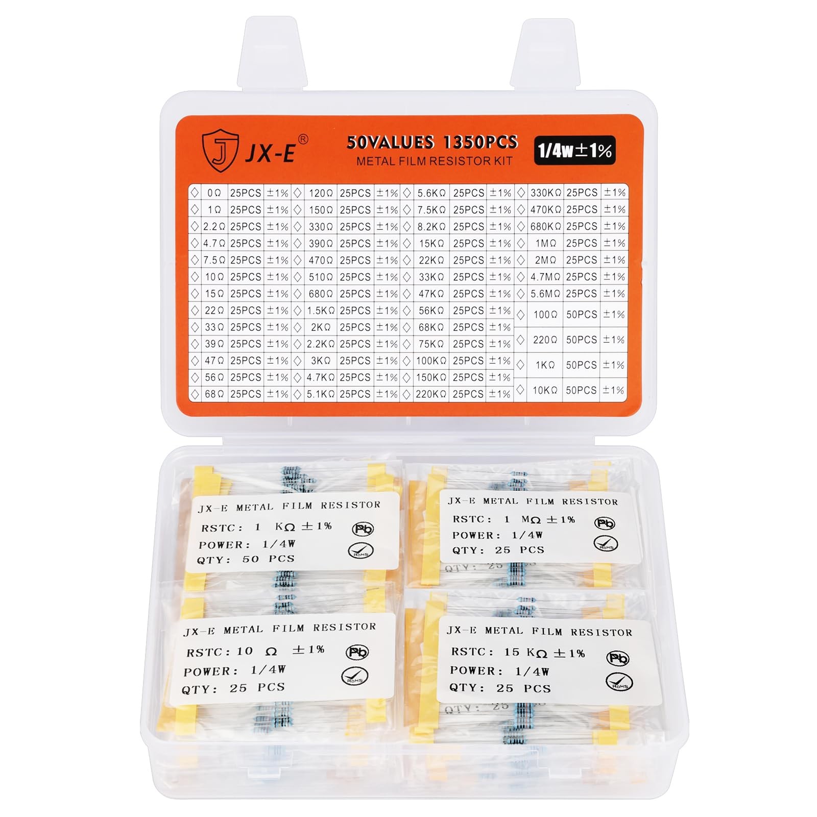 JX-E 1350-Pcs Precision Resistor Kit, 50 Values from 0 Ohm to 5.6M Ohm, 1/4 W