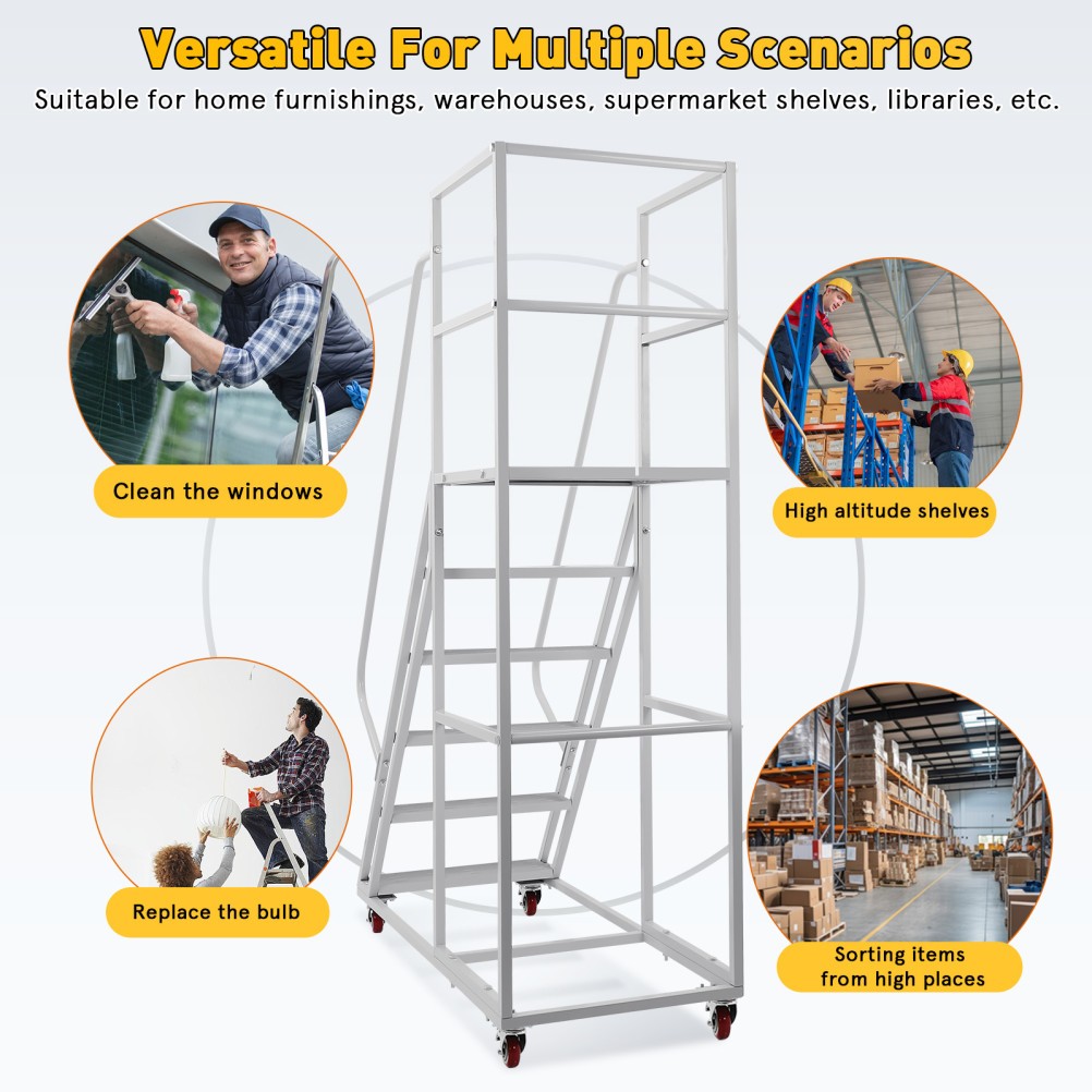 6 Step Rolling Warehouse Step Ladder, Movable Platform Ladder with Locking Wheel