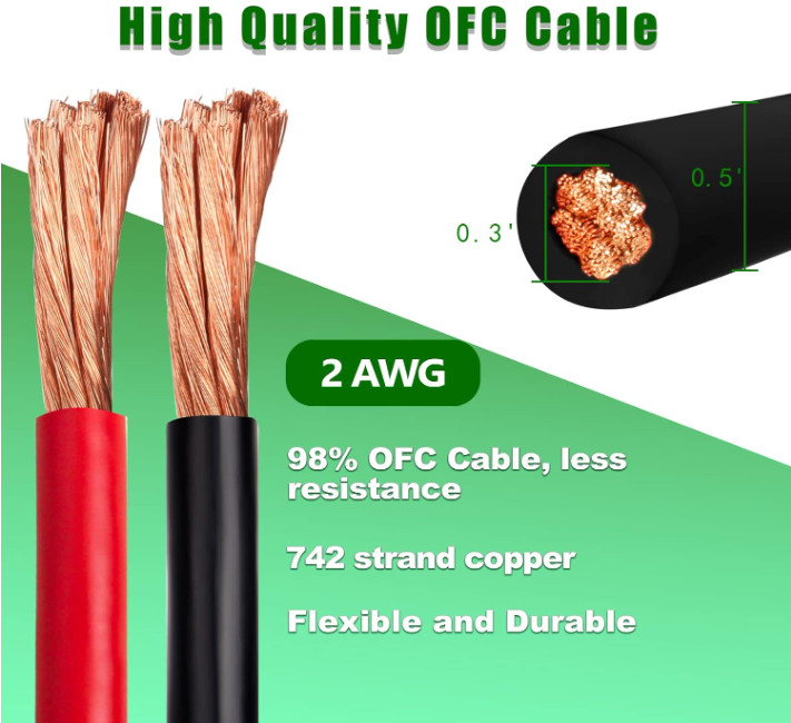 Cable de Batería 2 AWG, 15FT Rojo + 15FT Negro, Cobre OFC, para Automóvil y Sola