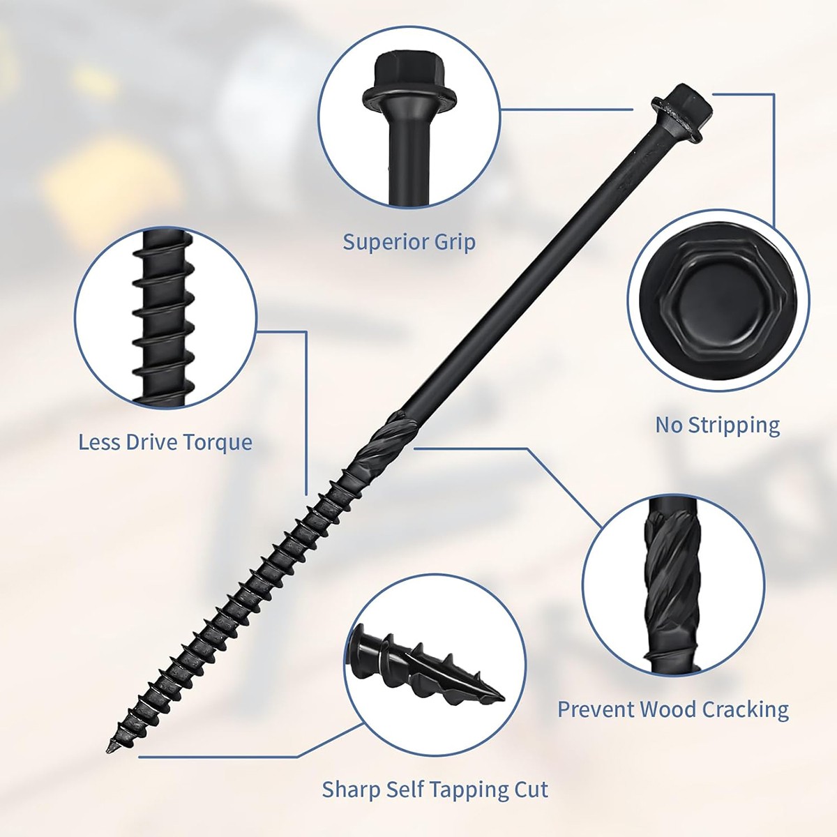 Heavy-Duty Black Timber Structural Wood Screw with Hex Socket #14 x 6 Extra Long