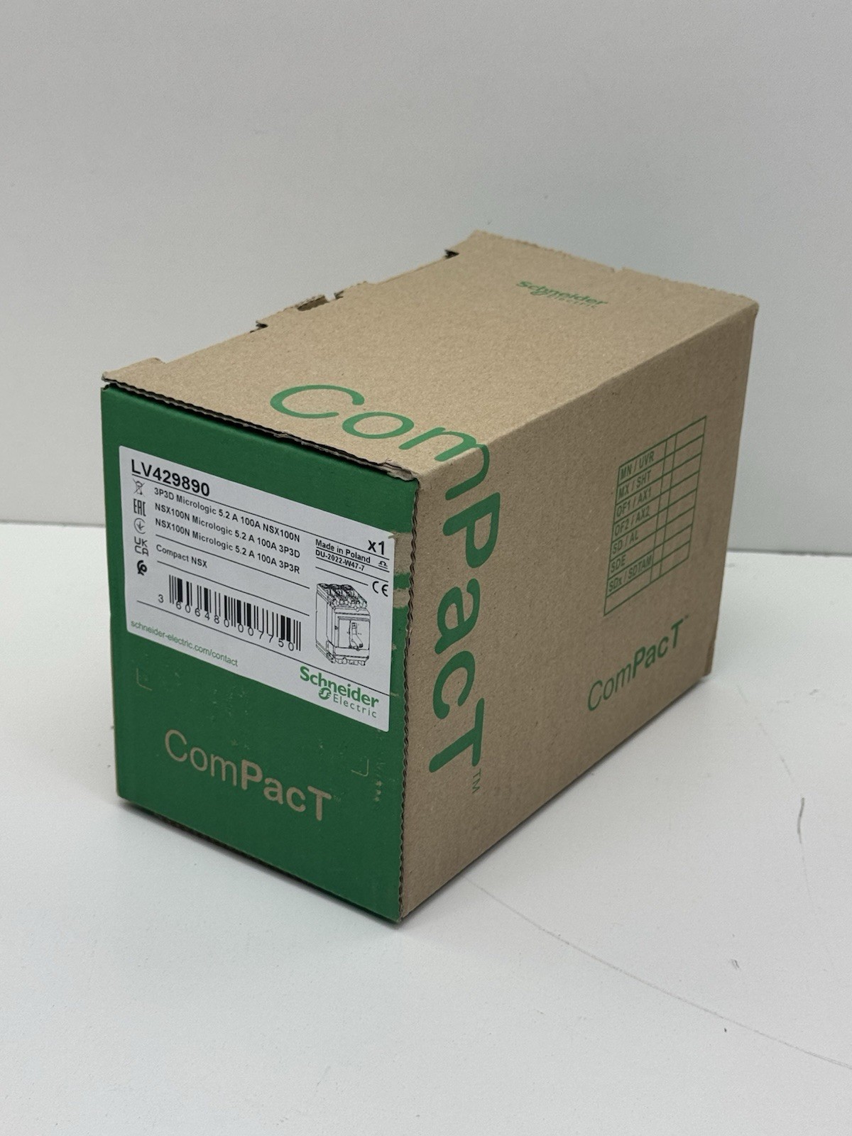SCHNEIDER ELECTRIC LV429890 COMPACT NSX 3P3D MICROLOGIC 5.2A 100 NSX100N