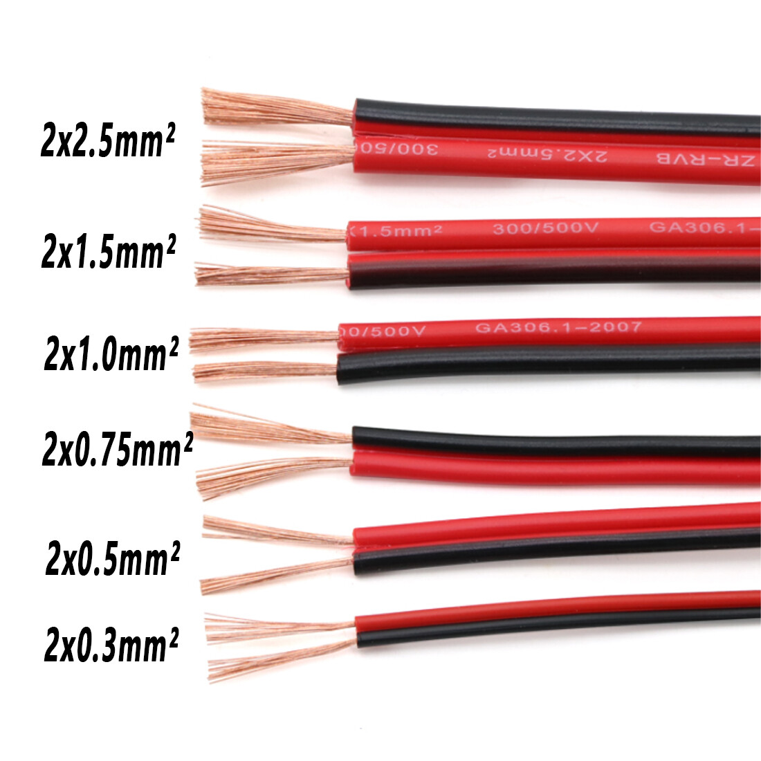 Twin 2 Core Cable 0.3mm² ~ 2.5mm² Flat Thin Wall Wire Red/Black Automotive