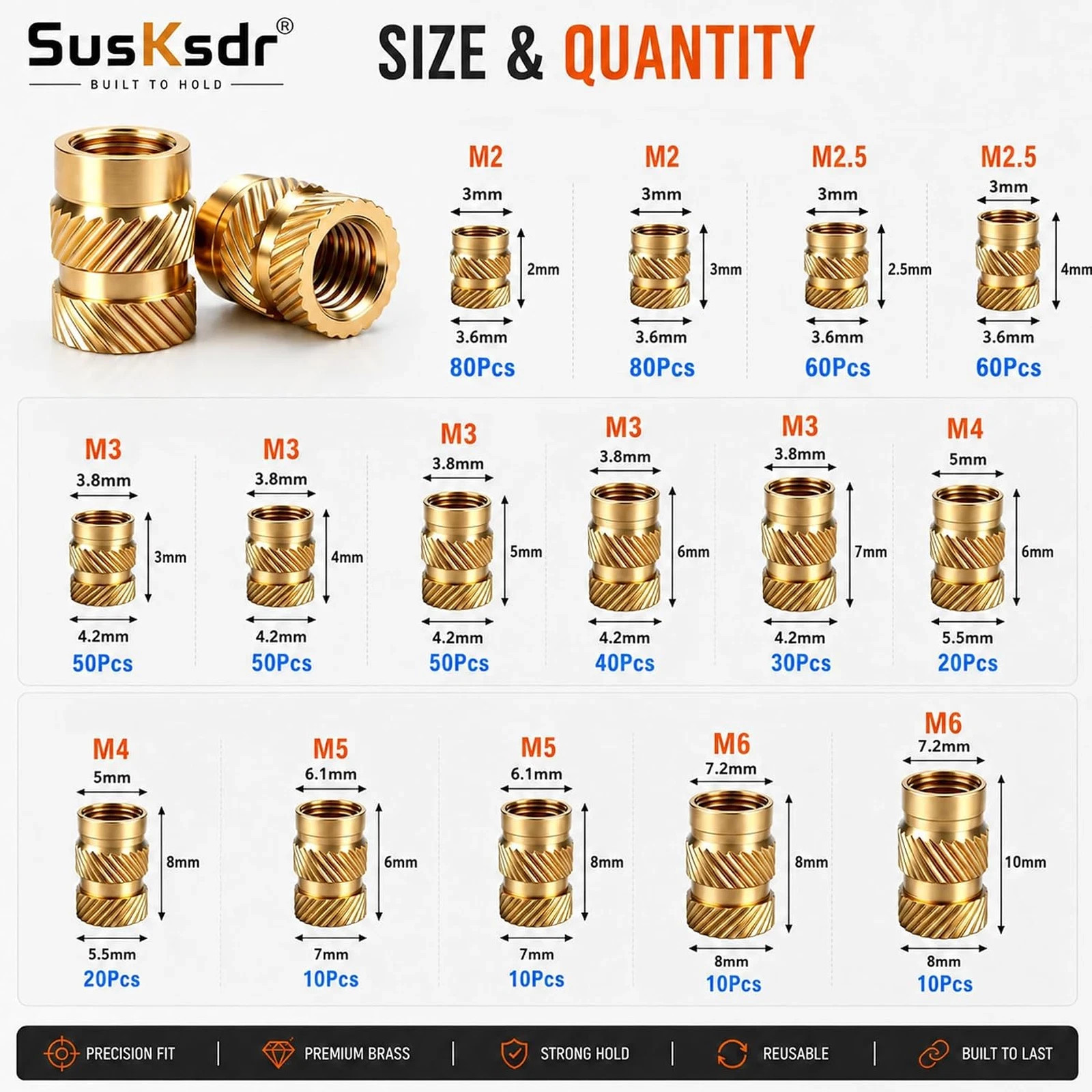 580+7PCS Heat Set Threaded Inserts Kit M2 M2.5 M3 M4 M5 M6 Brass Knurled Inserts