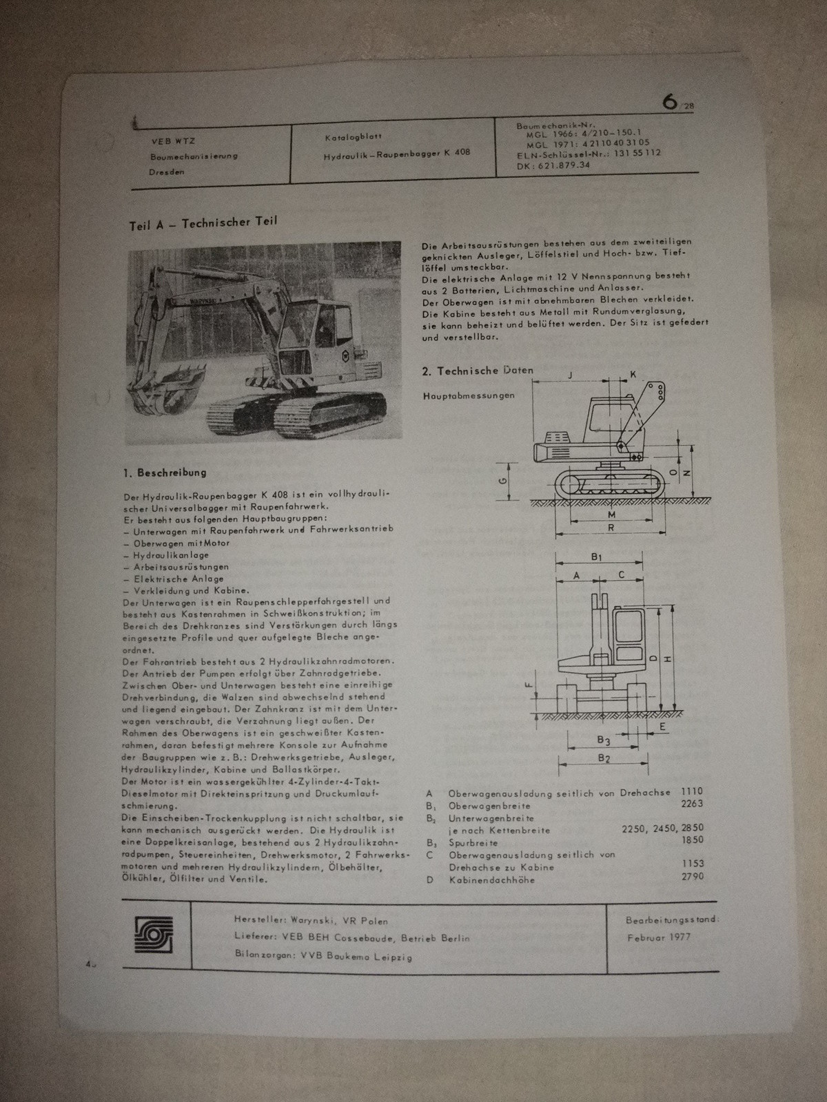 DDR Werbung Reklame Prospekt Datenblatt Bagger Raupenbagger K 408 Polen 1977