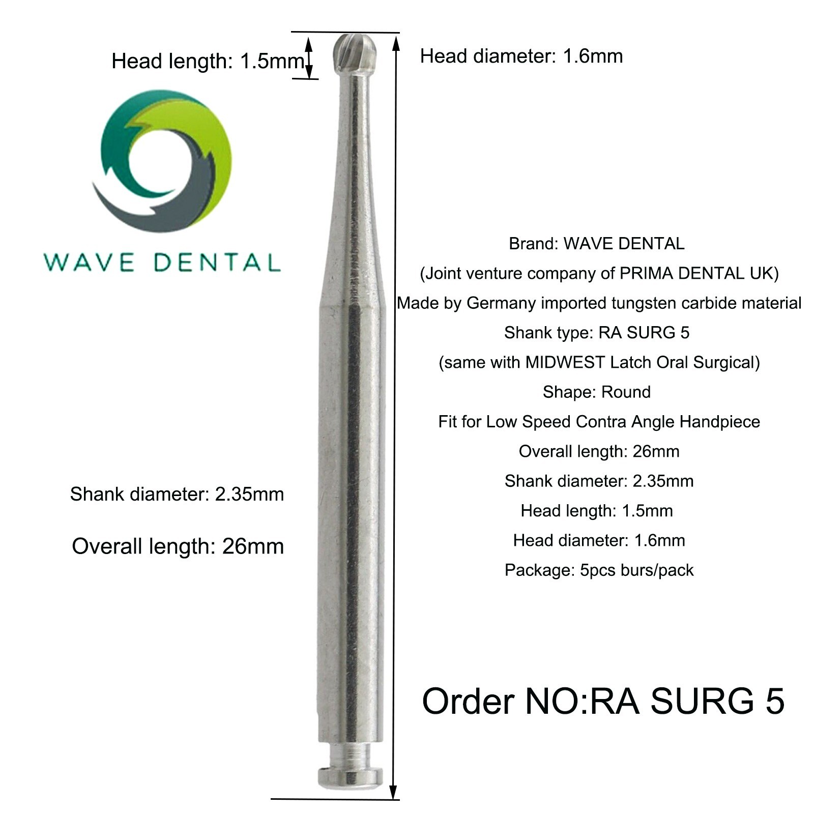 Wave Dental Burs Carbide Surgical Round Latch 26/34mm RA Slow Speed Contra Angle