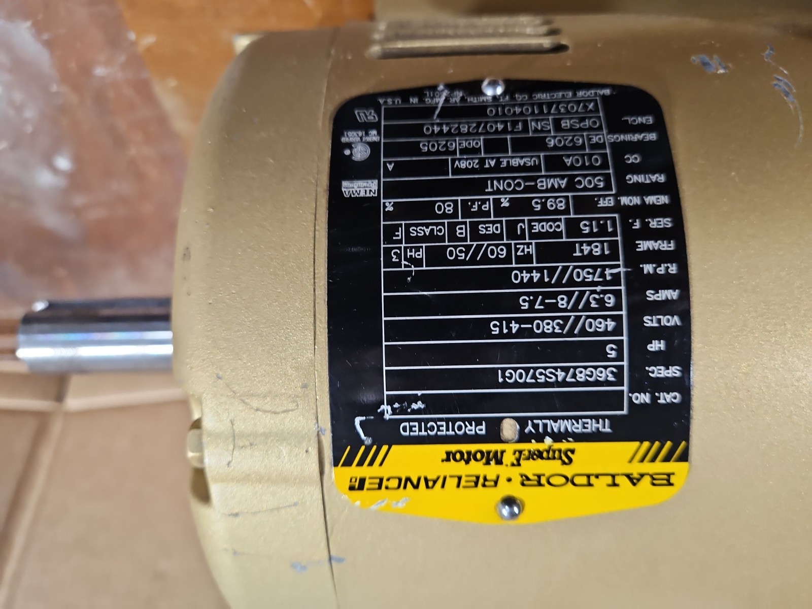 Baldor Reliance 5HP Super E: EM3218T Ac Motor 460 380-415. 1750rpm Frame:184t