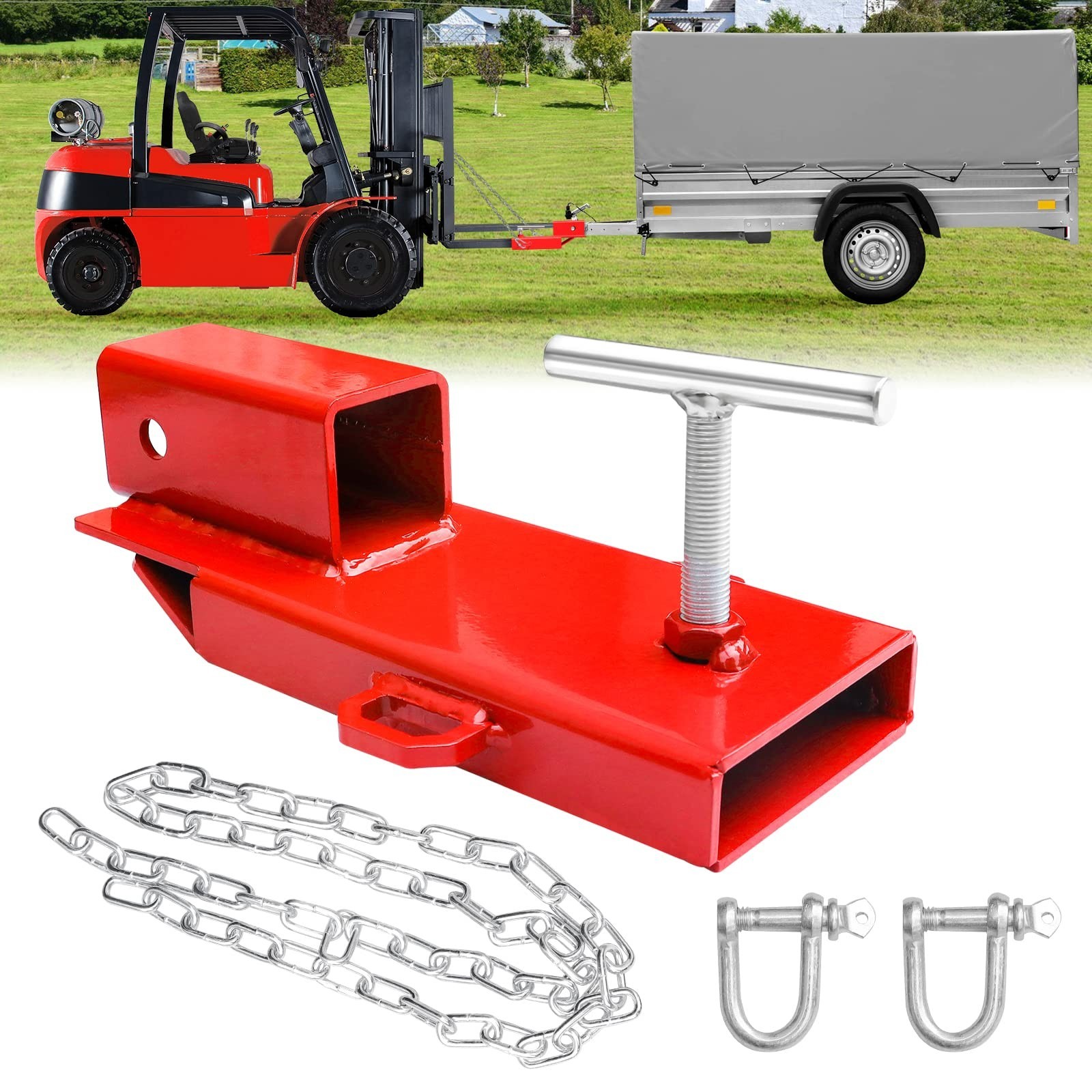 2″ Receiver Trailer Towing Adapter Forklift Hitch Attachment with Chain – Red