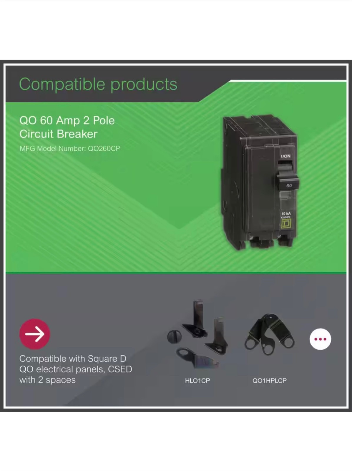 Square D Circuit Breaker QO, 60 Amp, 2 pole, 120/240VAC, 10kA (QO260)