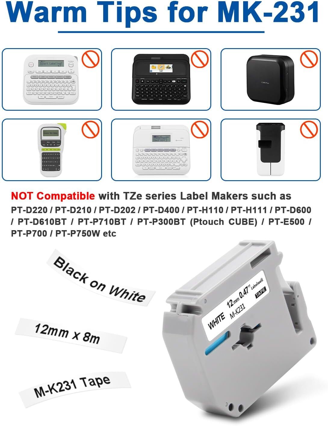 4-Pk/Pack Label Tape for Brother P-Touch eqv M231 M-K231 MK231 12mm Black/White