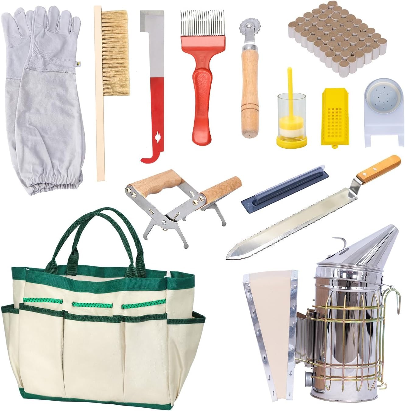 NEW 14Pc Beekeeping Starter Kit Smoker Gloves Hive Tools Honey Extract Set