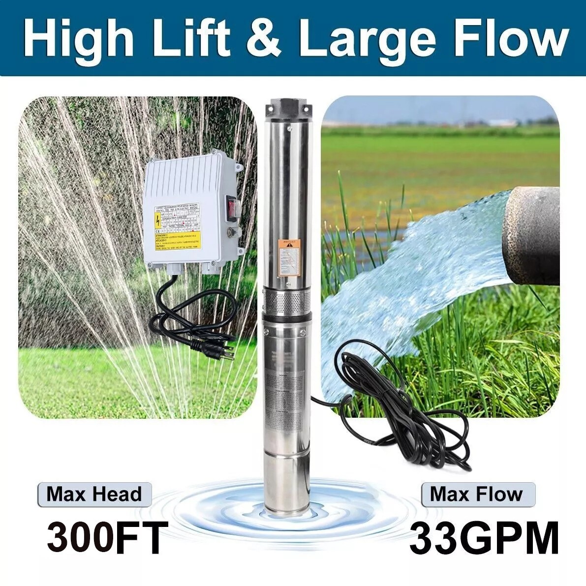 1HP Deep Well Submersible Pump 4» OD 110V 33GPM 300ft Stainless Steel 50′ Cord