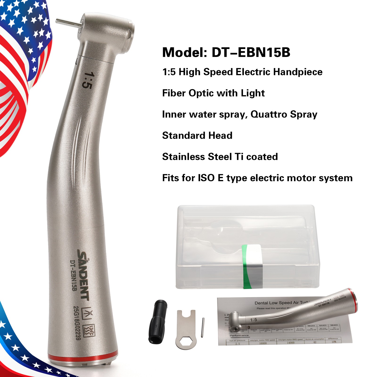 Dental 1:5 Contra Angle Fiber Optic LED Low Speed Handpiece Standard Head