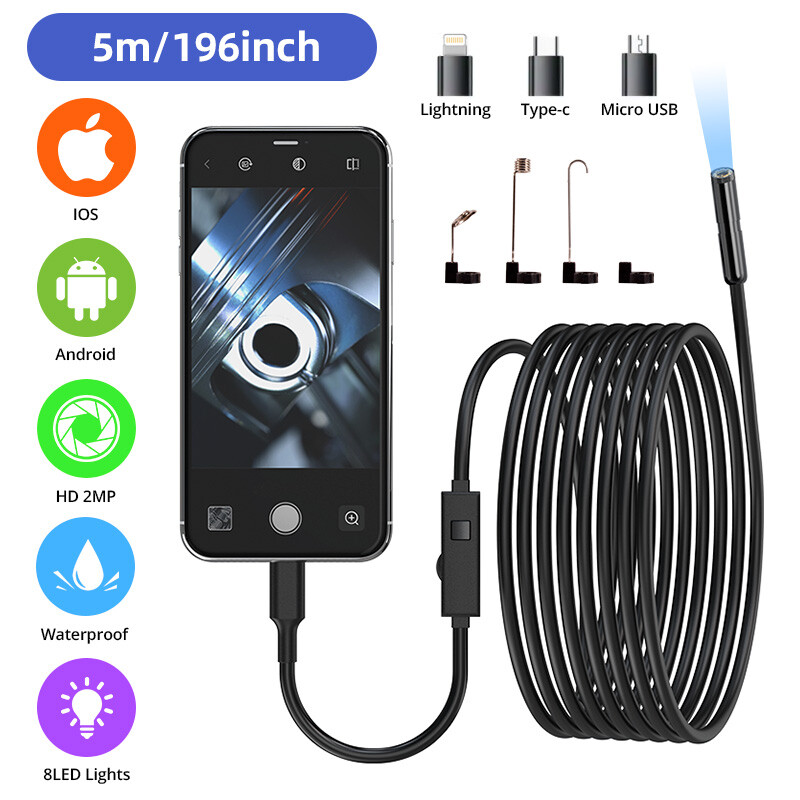 IP67 Waterproof 3in1 Endoscope 1080P 8 Adjustable LED 5M Flexible Snake Camera