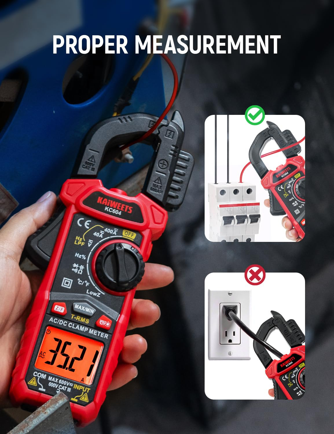 KAIWEETS Digital Clamp Meter Multimeter with D-Shaped Jaw for AC/DC Current & Vo