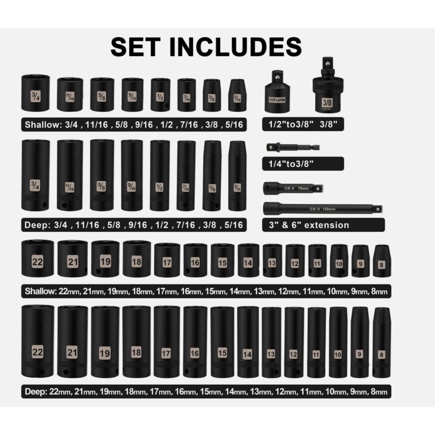 Metric Sockets~ PCS & Standard Drive Socket Impact 3/8″ SAE 49 Set 6-Point