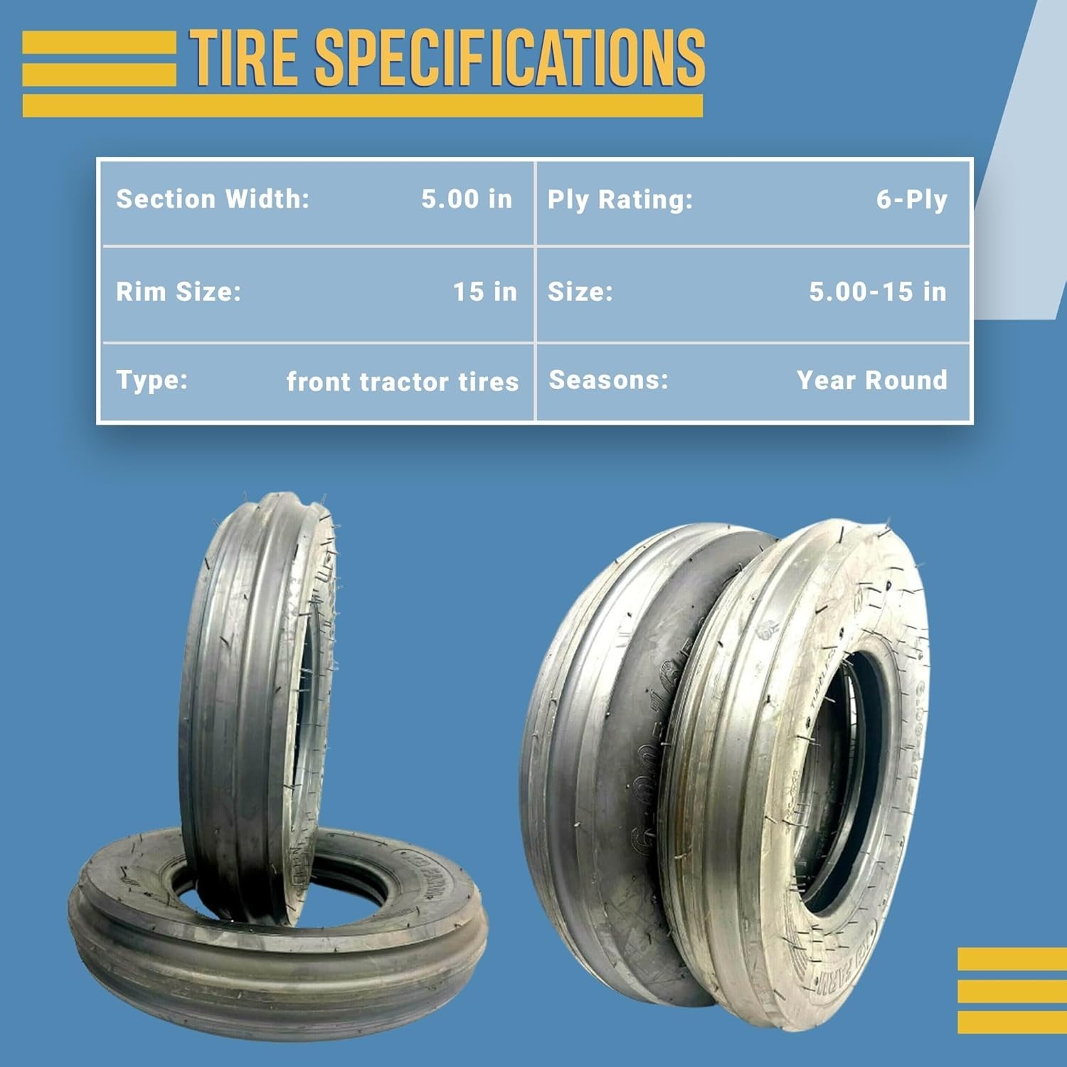 TWO NEW 5.00-15 5.00×15, 3 Rib F2 Tractor Farm 2 TIRES