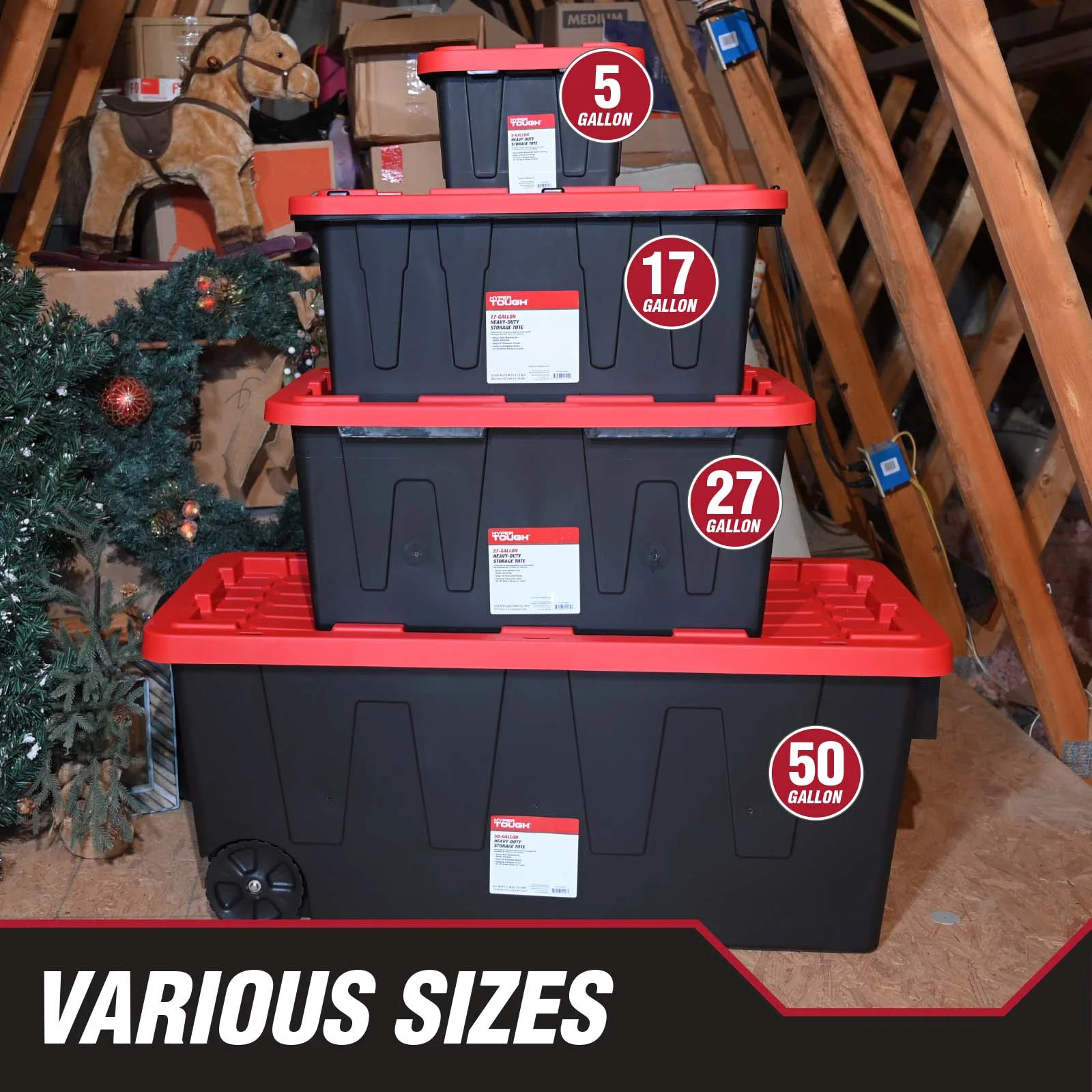 Hyper Tough 27Gal Storage Bin 4-Pack Black/Red Heavy Duty Plastic