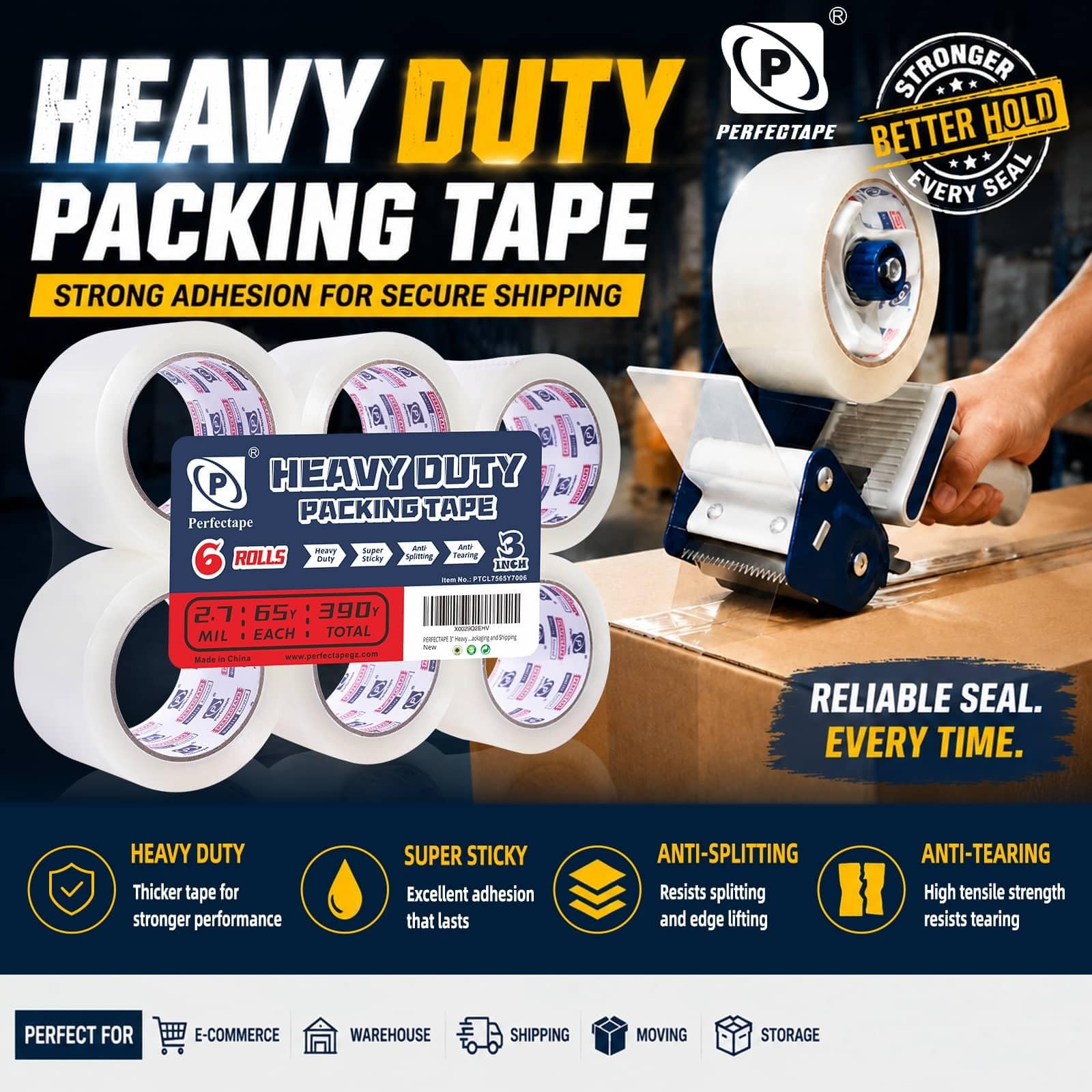 PERFECTAPE 3″ Heavy Duty Packing Tape 6 Rolls, Total 390Y, Clear, 2.7 mil, 3 …