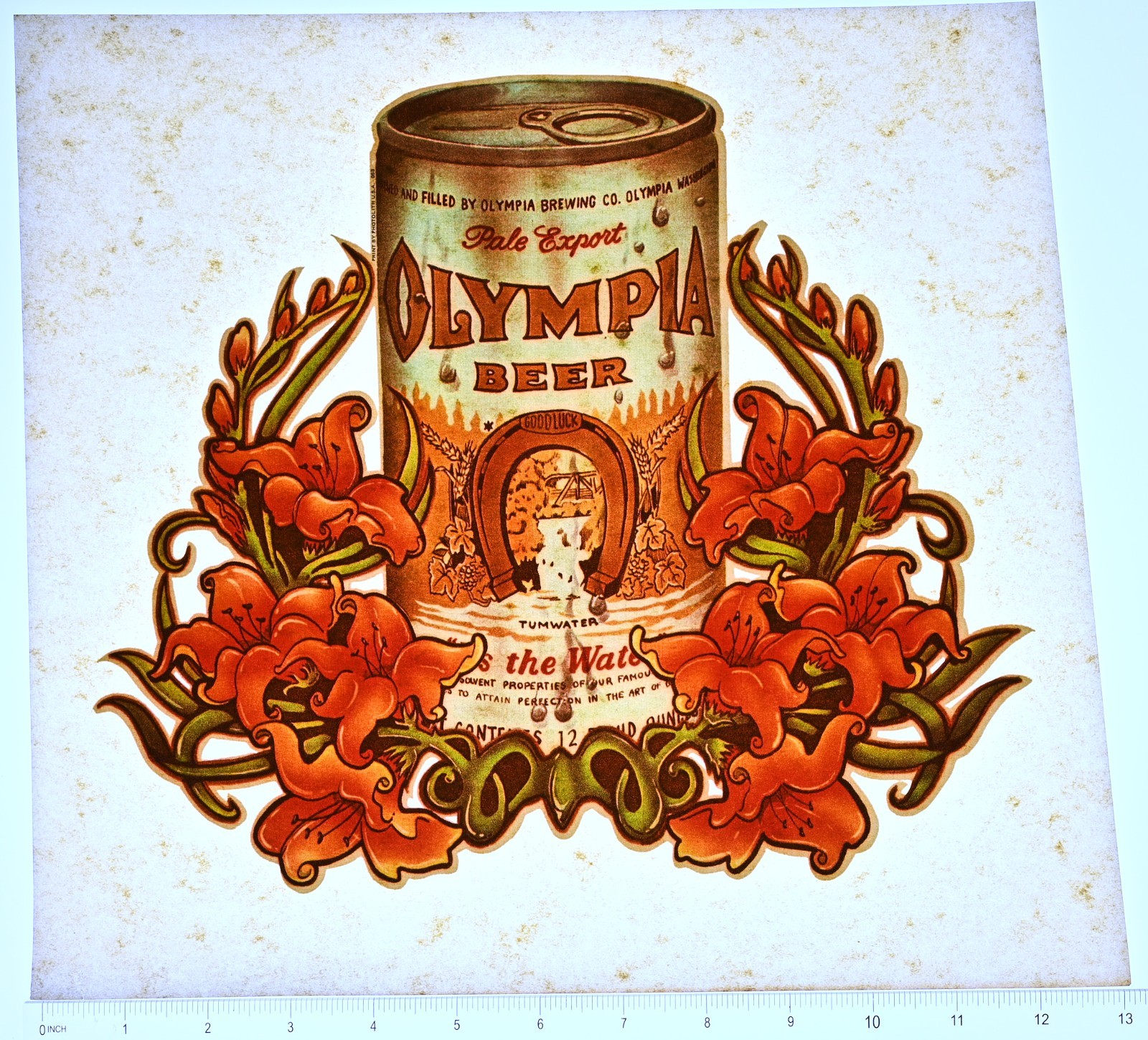 Original VINTAGE 1970s Heat Transfer | Olympia Beer Can with Flowers