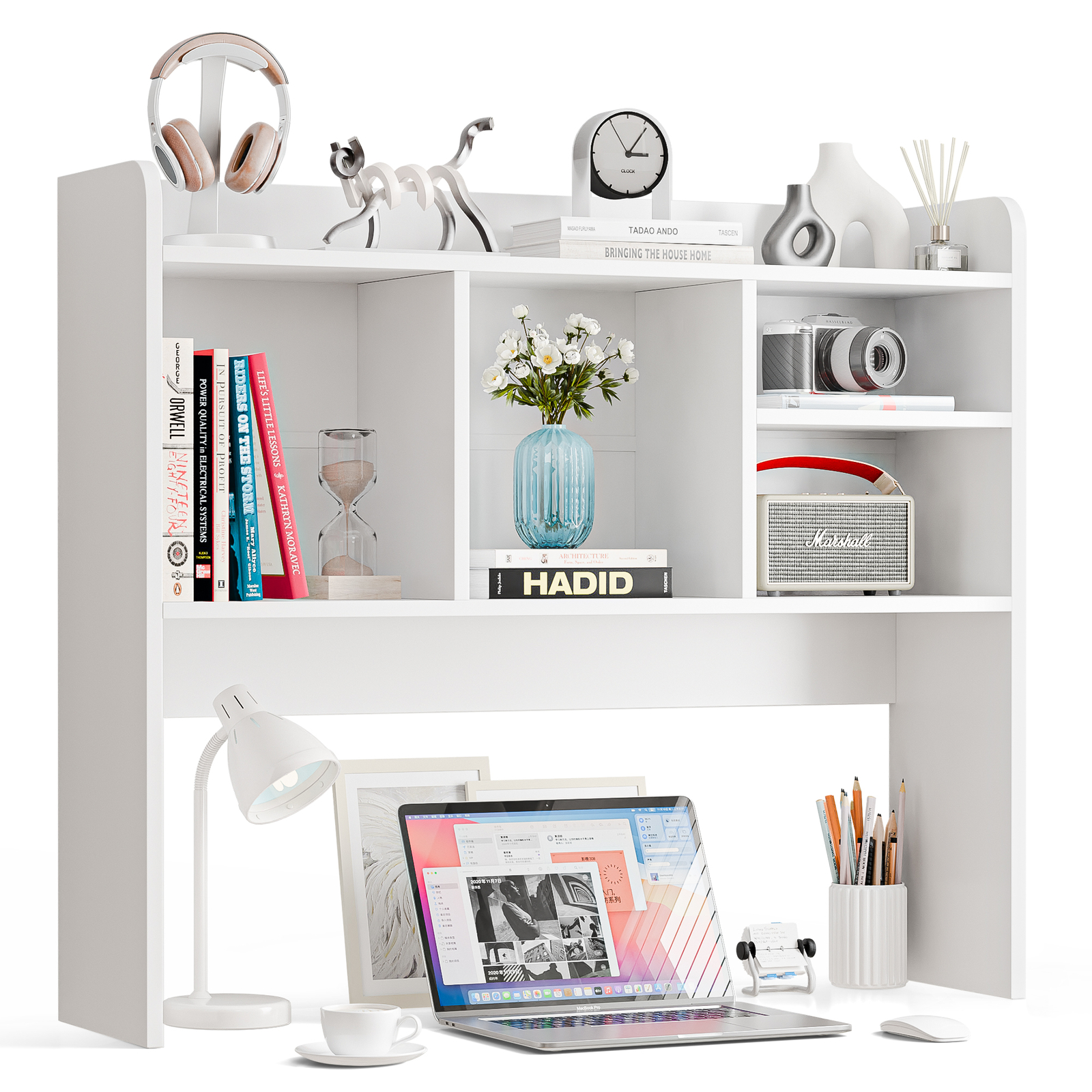 Desktop Organizer Shelf Wood Desk Hutch for Computer Monitor Display Shelf White