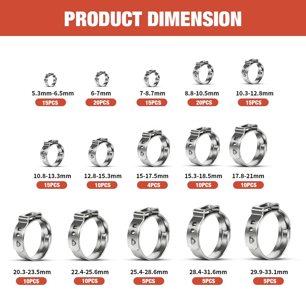 304 Stainless Steel Single Ear Hose Clamps 160 PCS Kit with Pincers Universal