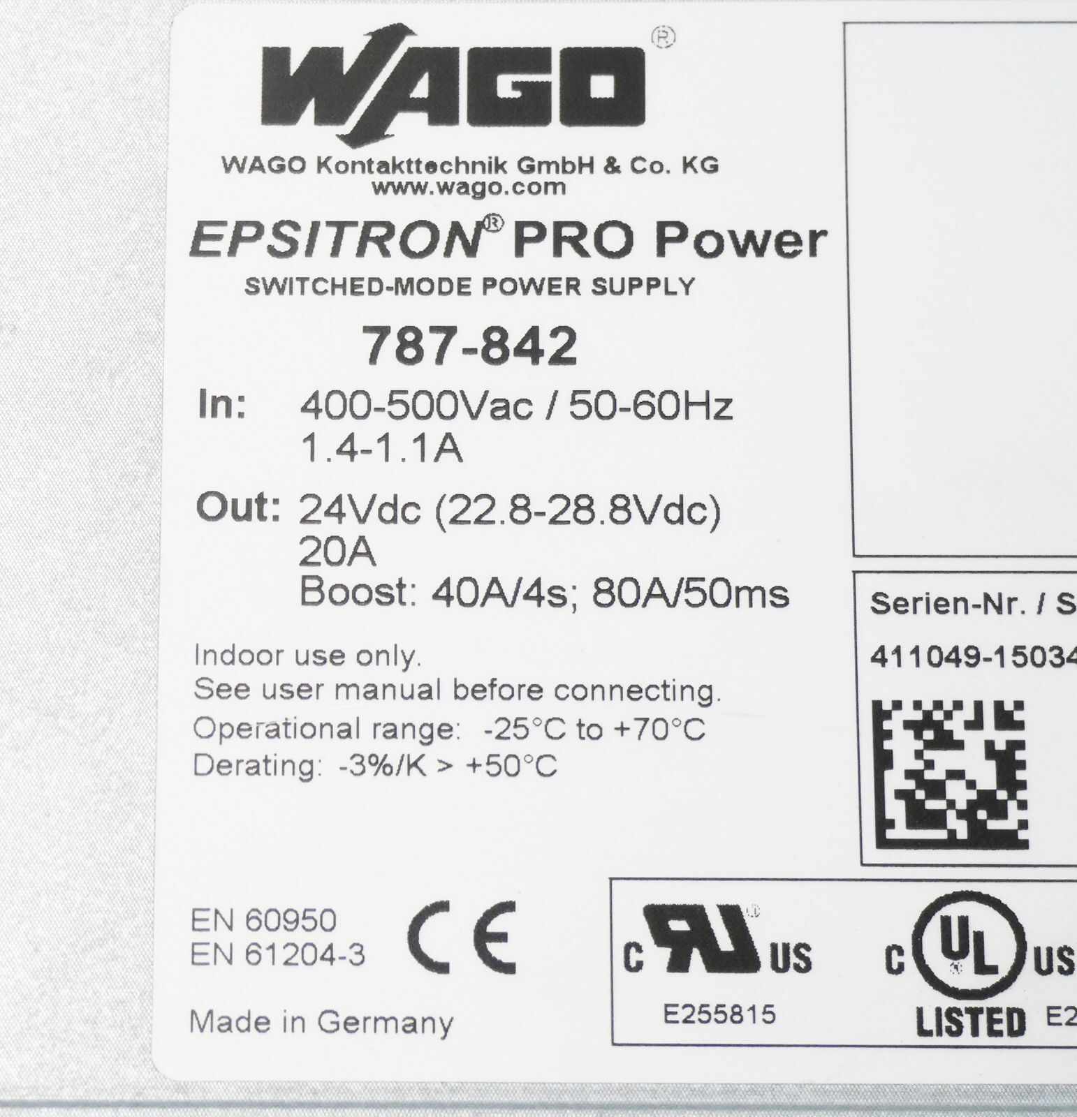 WAGO Epsitron Pro Power 787-842 24VDC 20A Power Supply -used-