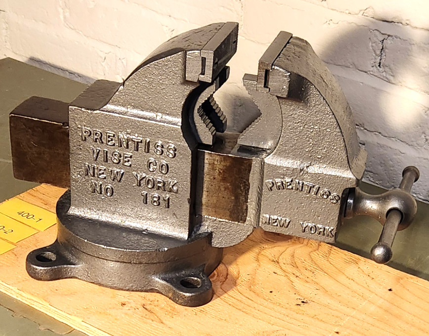 Vintage Prentiss Machinist Bench Vise marked 181-191 w/ swivel base & pipe jaws