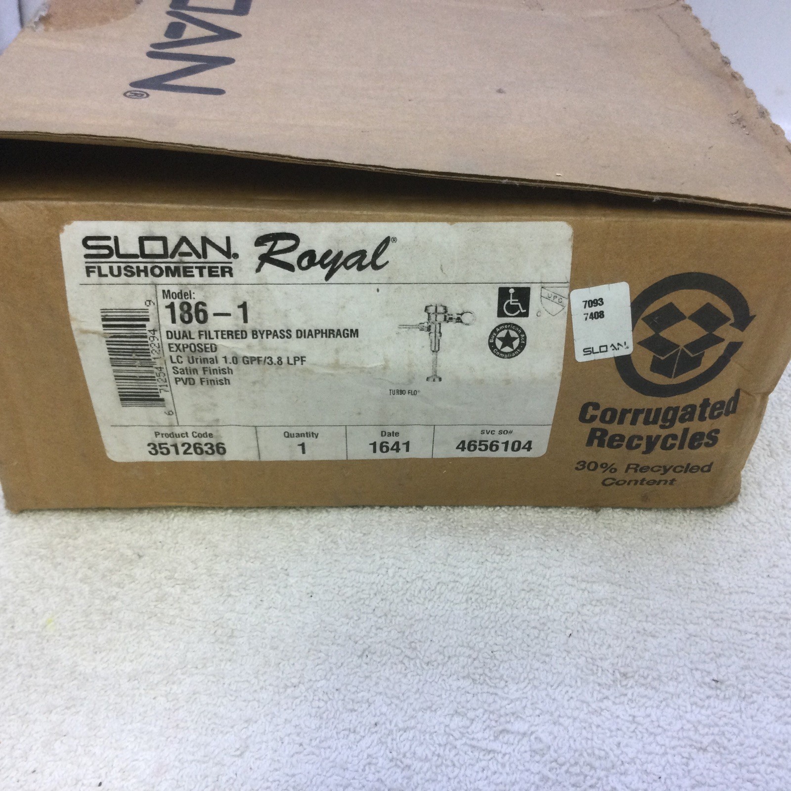 Sloan Royal Flushometer, Model 186-1 Urinal, 1.0 GPF / 3.8 LPF Satin Finish