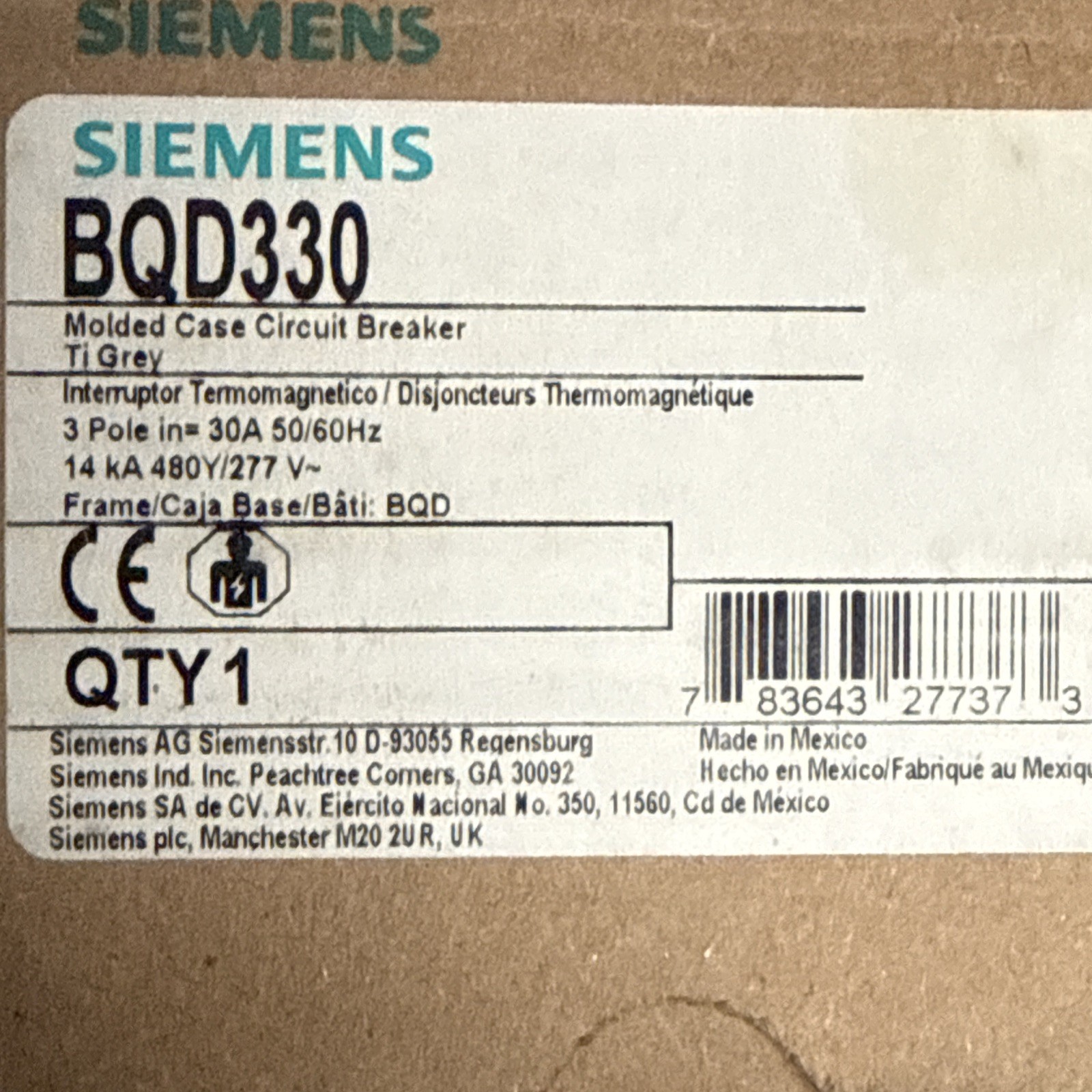 Siemens BQD330 30 Amp 3 Pole 480VAC Mini Circuit Breaker