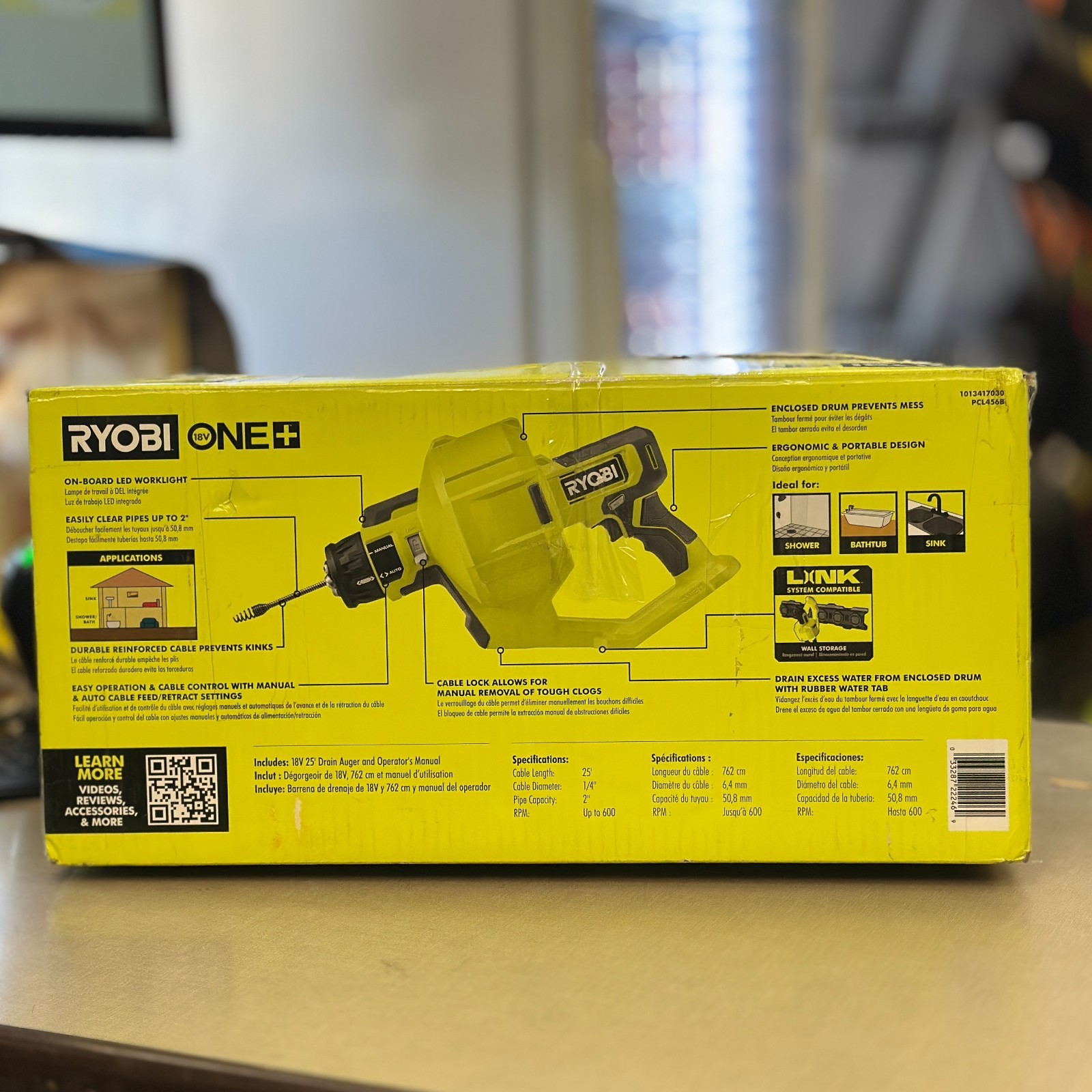 RYOBI ONE+ 18V Cordless Drain Auger 25 ft Cable