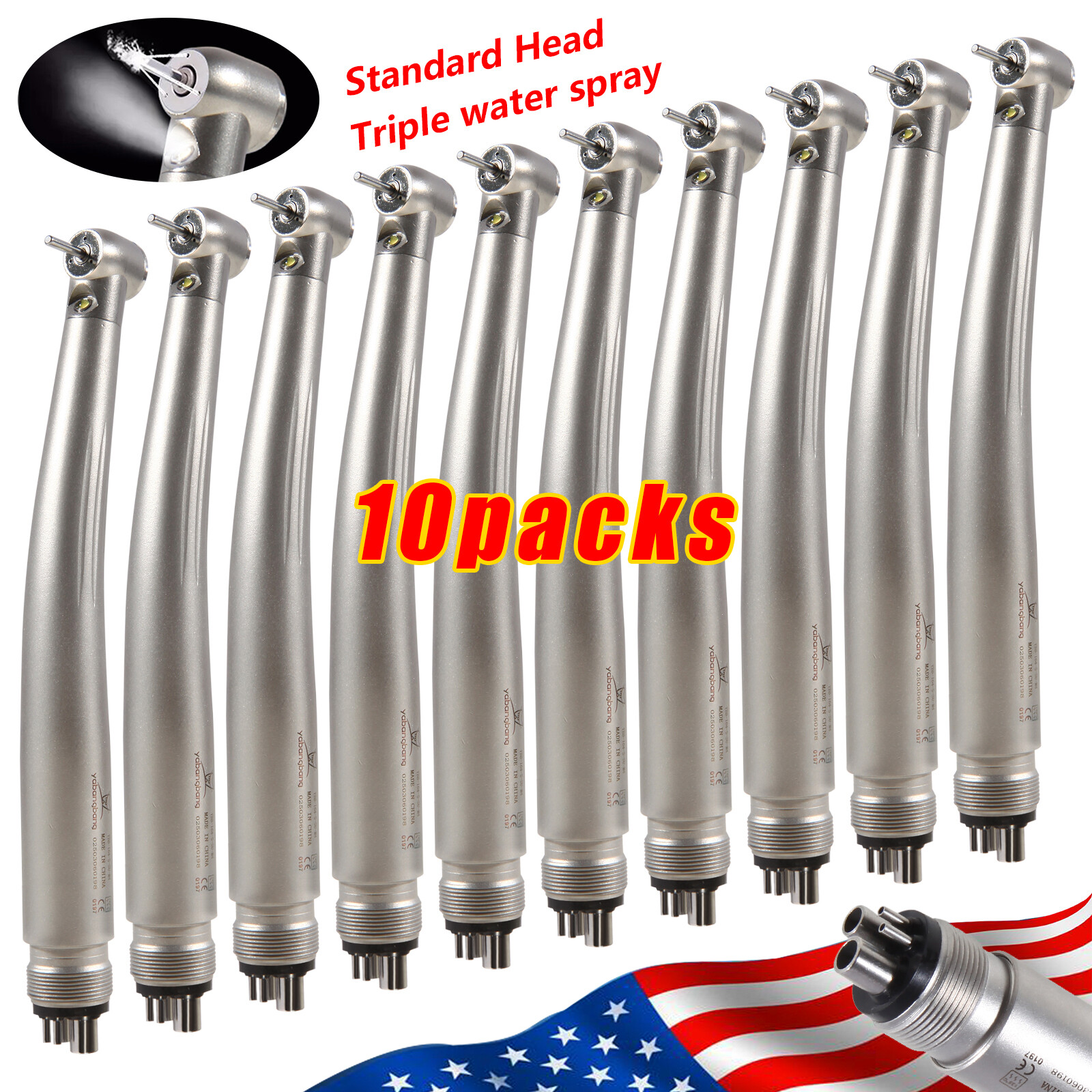 10pcs Dental Fiber Optic LED E-generator High Speed Handpiece 3 Spray 4 Hole st