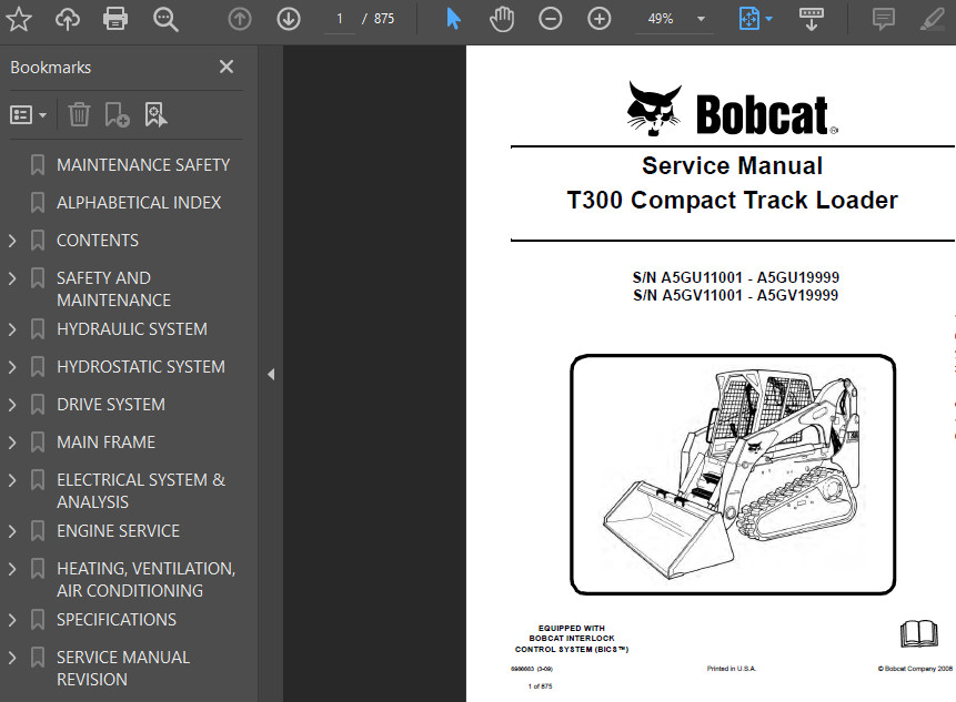 BOBCAT T300 COMPACT TRACK LOADER OPERATORS SERVICE REPAIR SHOP MANUAL PDF USB