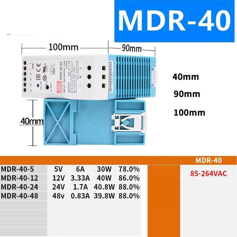 MDR-40-24 40W 24V 1.7A Single Output DIN Rail Mount AC/DC Switch Power Supply