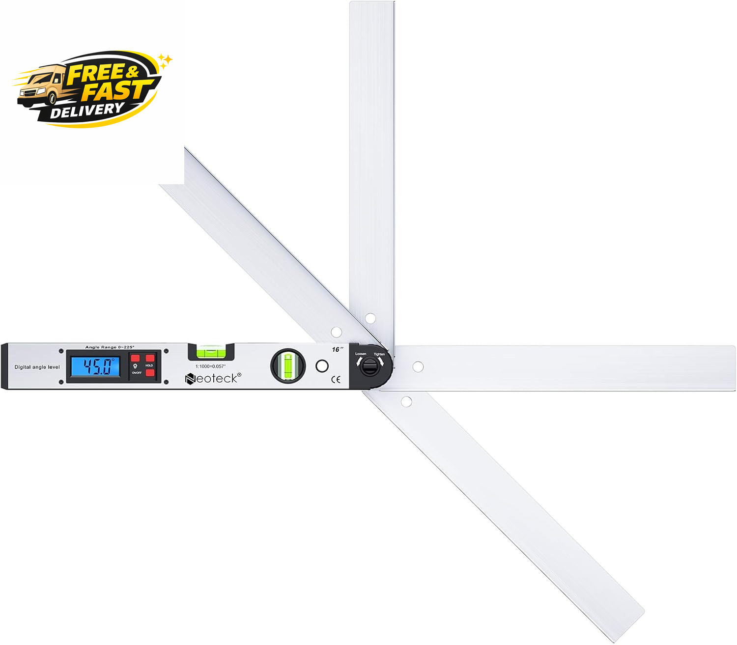 Aluminum Digital Angle Finder Protractor 225° 16 Inch Backlit LCD Digital with H