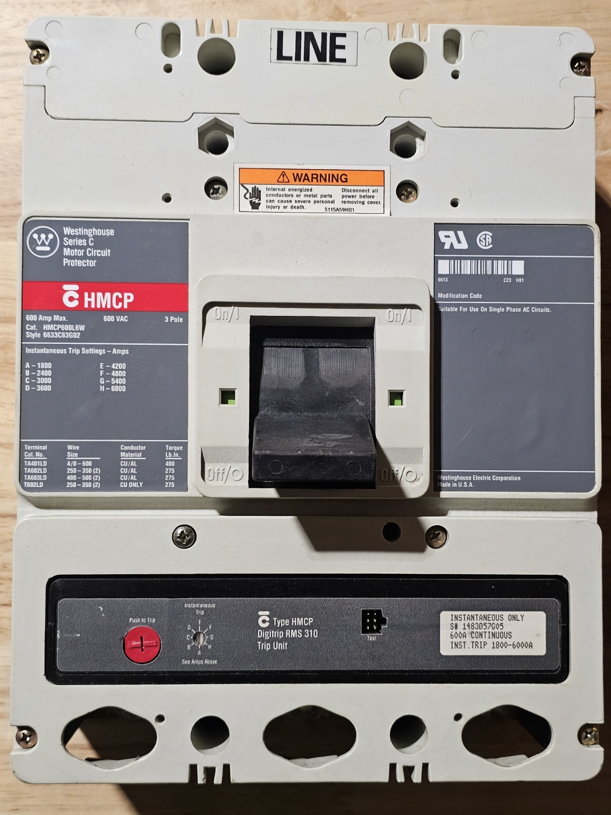 Westinghouse HMCP600L6W 600A 600V 3 Pole Motor Circuit Protector Breaker HMCP
