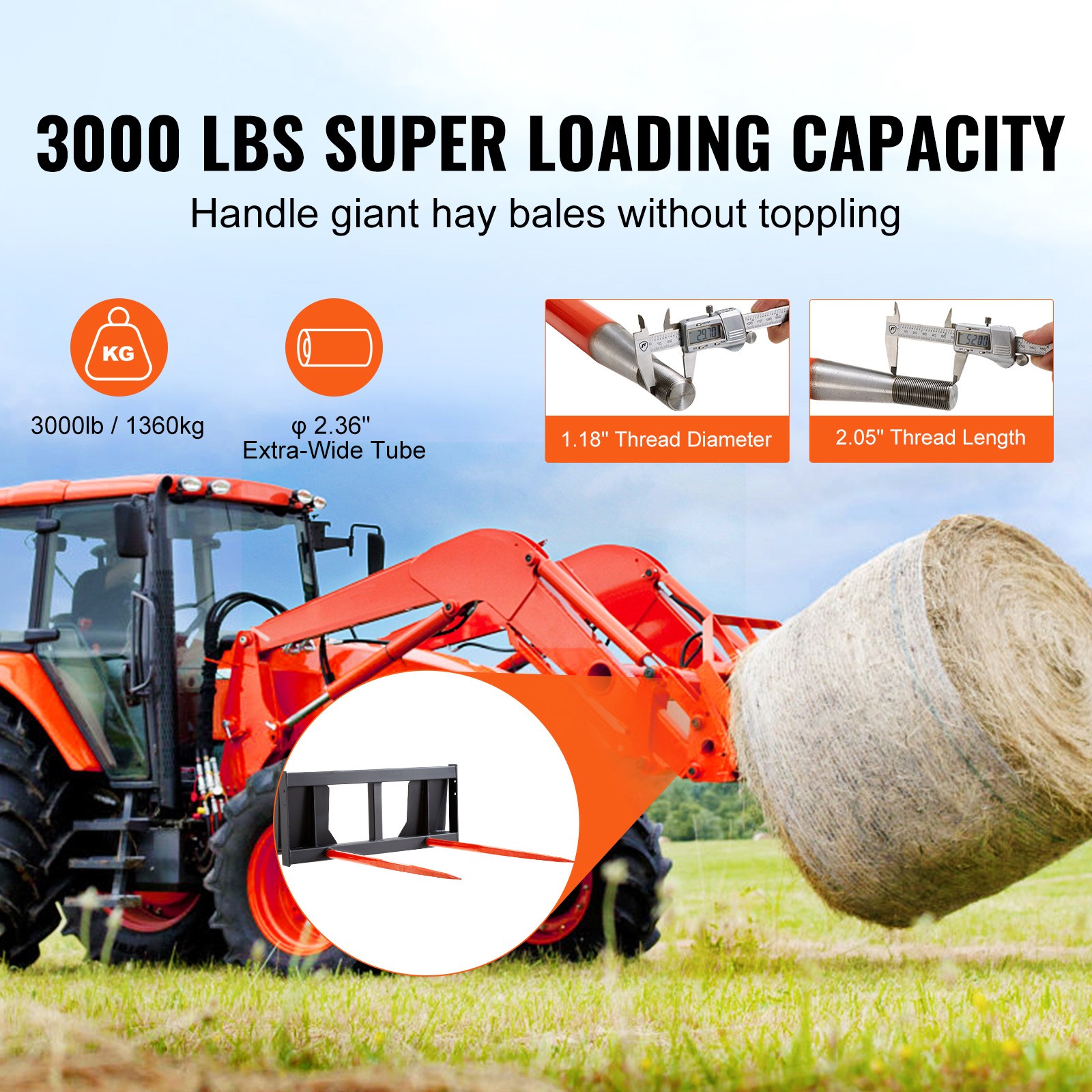 VEVOR 49″ Hay Spear Bale Spears Skid Steer Loader Tractor Attachment 3000lbs