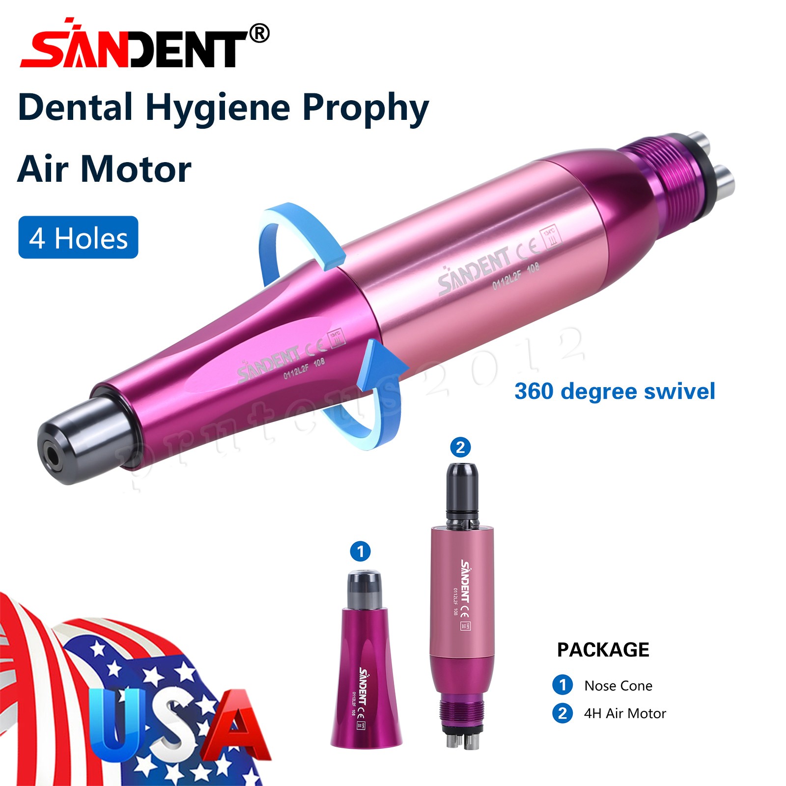 1-5* Dental Hygiene Prophy Handpiece Air Motor 4Holes 4:1 Nose Cone 360°Swivel