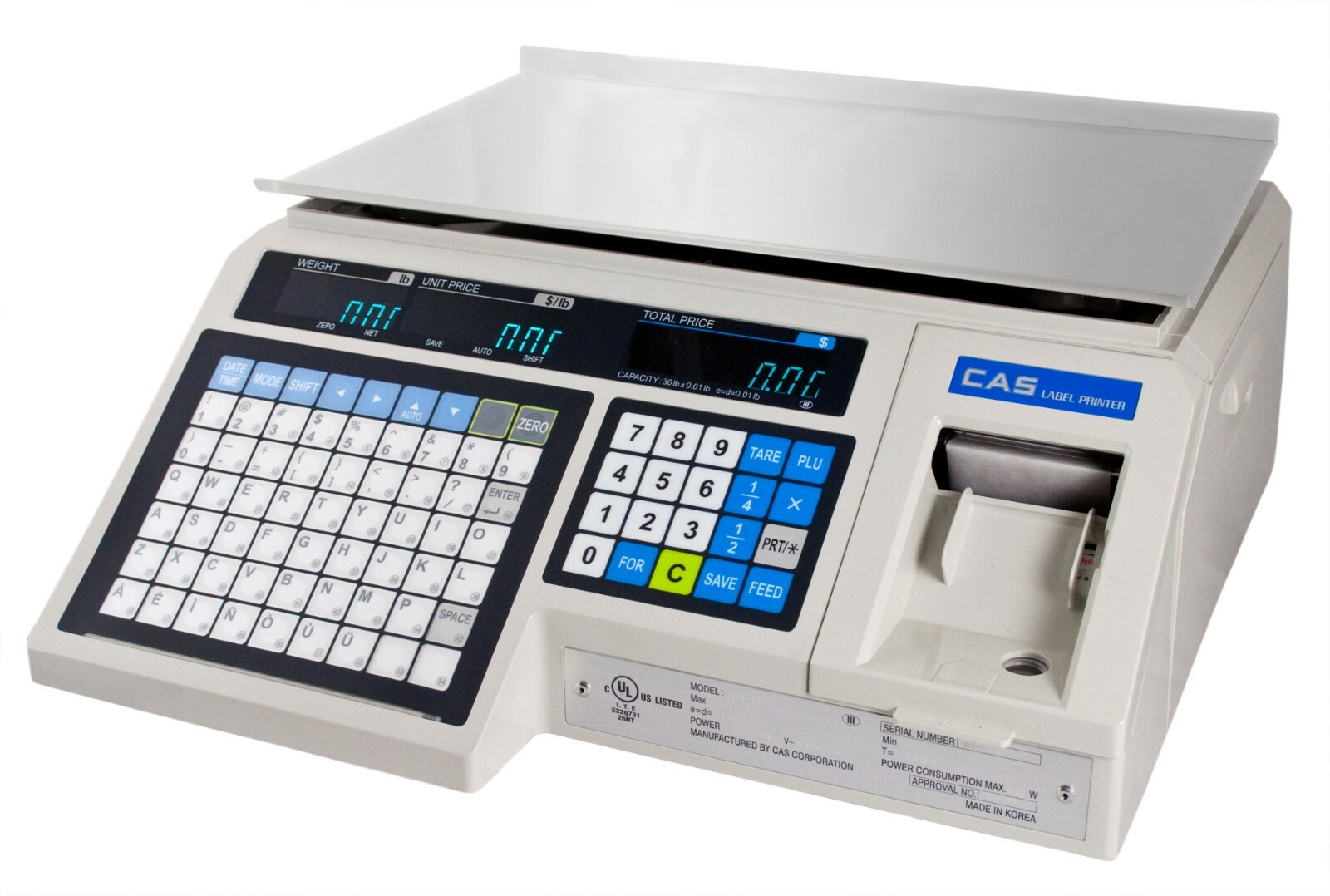 CAS LP1000N Label Printing Scale 30 x 0.01lb NTEP Legal For Trade LP-1000N