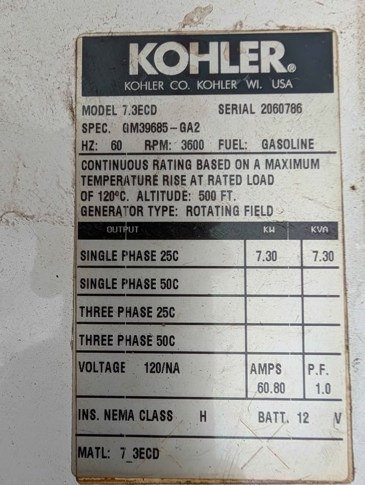 Kohler 7.3ecd Marine Gasoline Generator 7.3 kW , Running Take-Out.