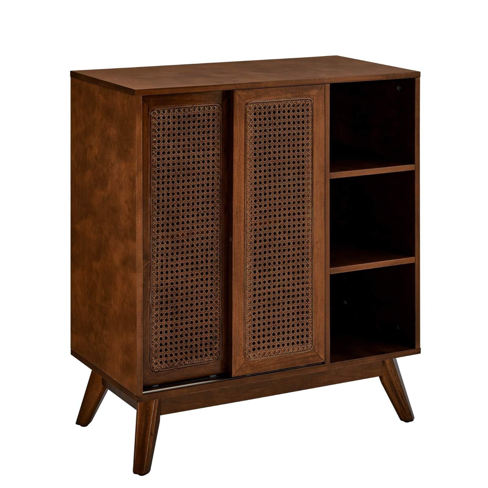 Mid-Century Storage Cabinet Sliding Rattan Doors 36″H Wood Open Shelves Walnut
