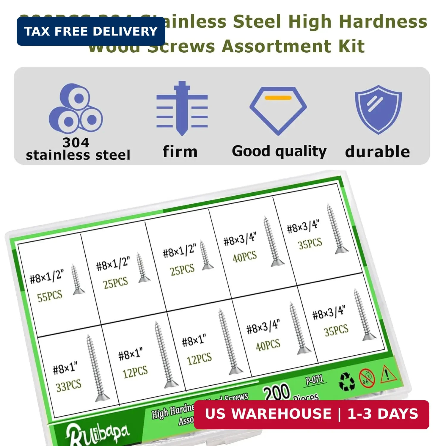 200PCS 304 Stainless Steel High Hardness Wood Screws Assortment Kit, 3 Sizes #8×