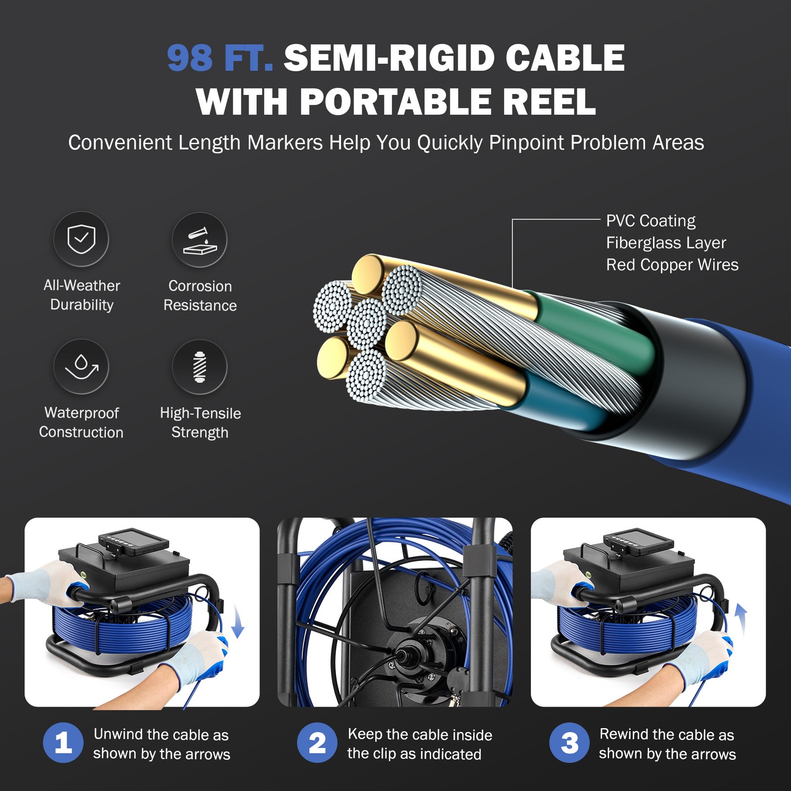 4.3 in. Sewer Camera 98ft/30m Semi-Rigid Cable Length Marker IP68 Pipe Camera