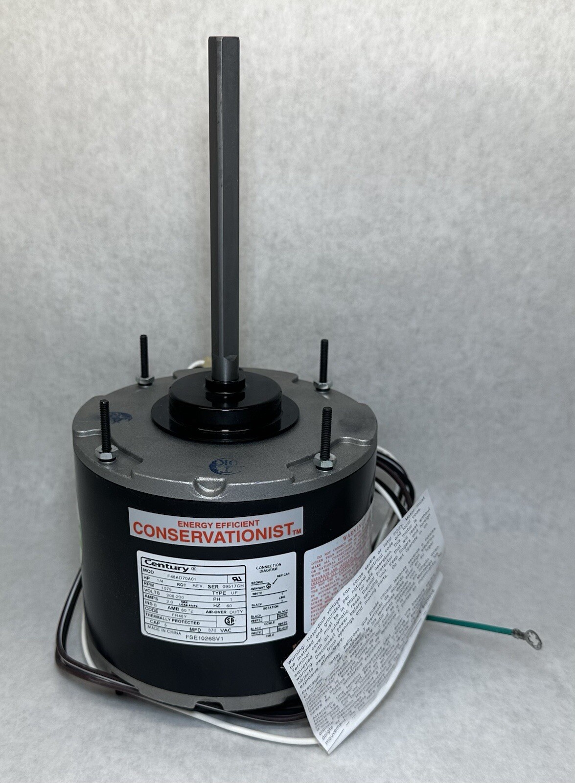 NEW Century FSE1026SV1 Condenser Fan Motor, 208/230V, 1/4 HP, 1075 RPM