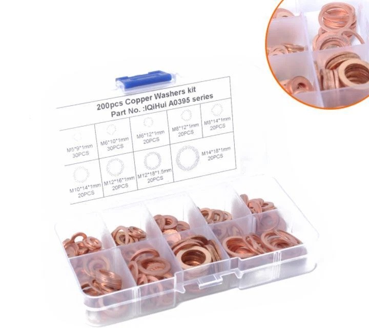 200PCS Assorted Crush Copper Gasket Seal Ring Hardware Set Metal Flat Washer