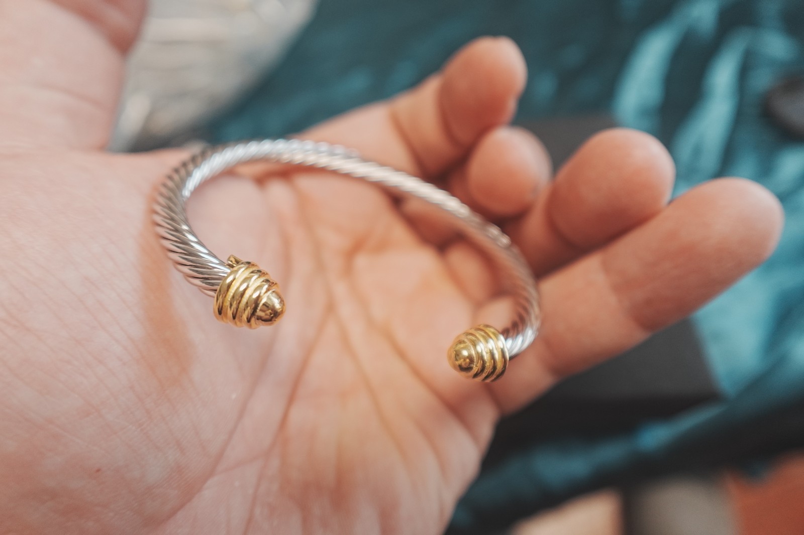Gift.DavidYurman4mm.Classic Cable.Sterling Silver BraceIet&18k Gold Dome BangIe