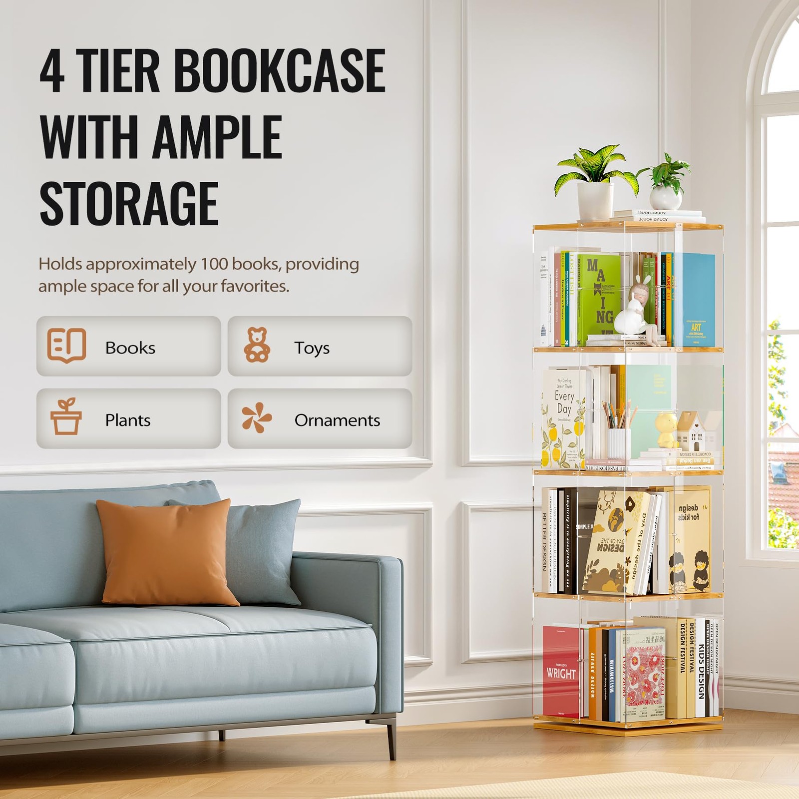 Takekit Rotating Bookshelf 360 Degree Revolving Bookcase 4-Tier Spinning