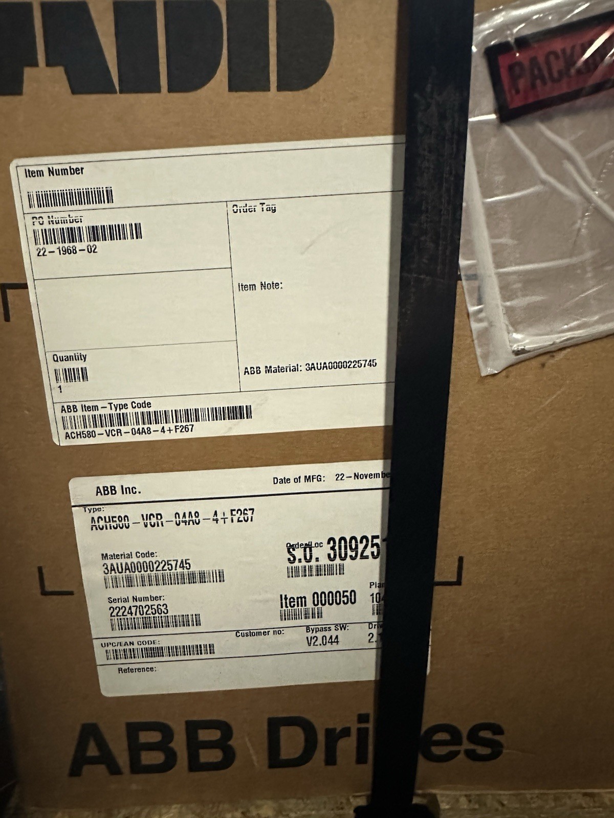 ABB ACH580-VCR-04A8-4+F267 VFD 380-480V 3-Phase 3HP 2.2kW IP21